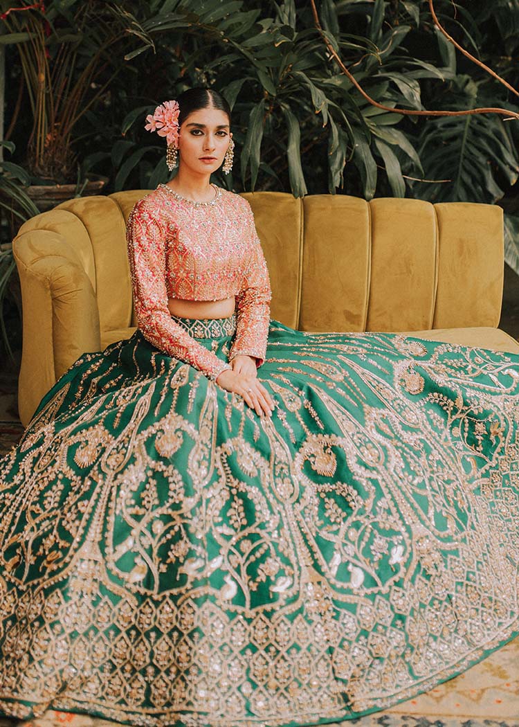 Emerald Green Embroidered Raw Silk Lehenga (3-Piece) - Image 4