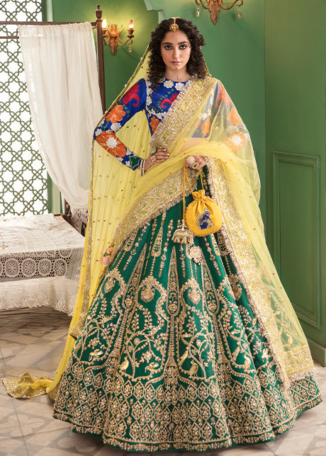Emerald Green Embroidered Raw Silk Lehenga (3-Piece) - Image 5