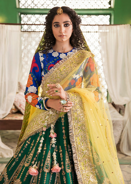 Emerald Green Embroidered Raw Silk Lehenga (3-Piece) - Image 6