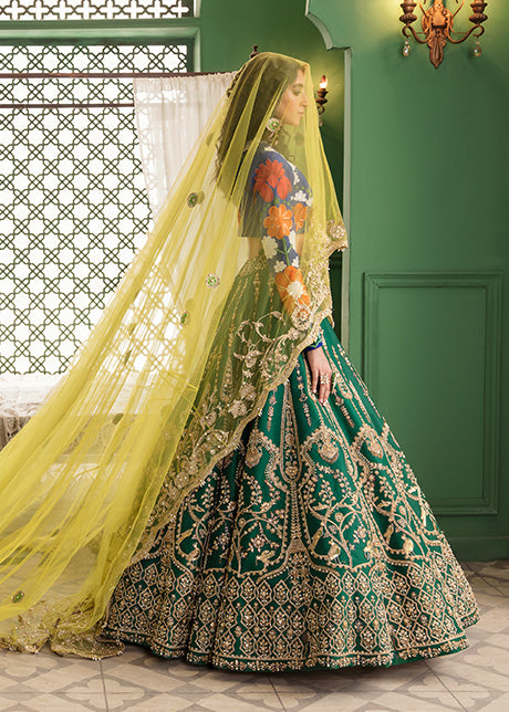 Emerald Green Embroidered Raw Silk Lehenga (3-Piece) - Image 9