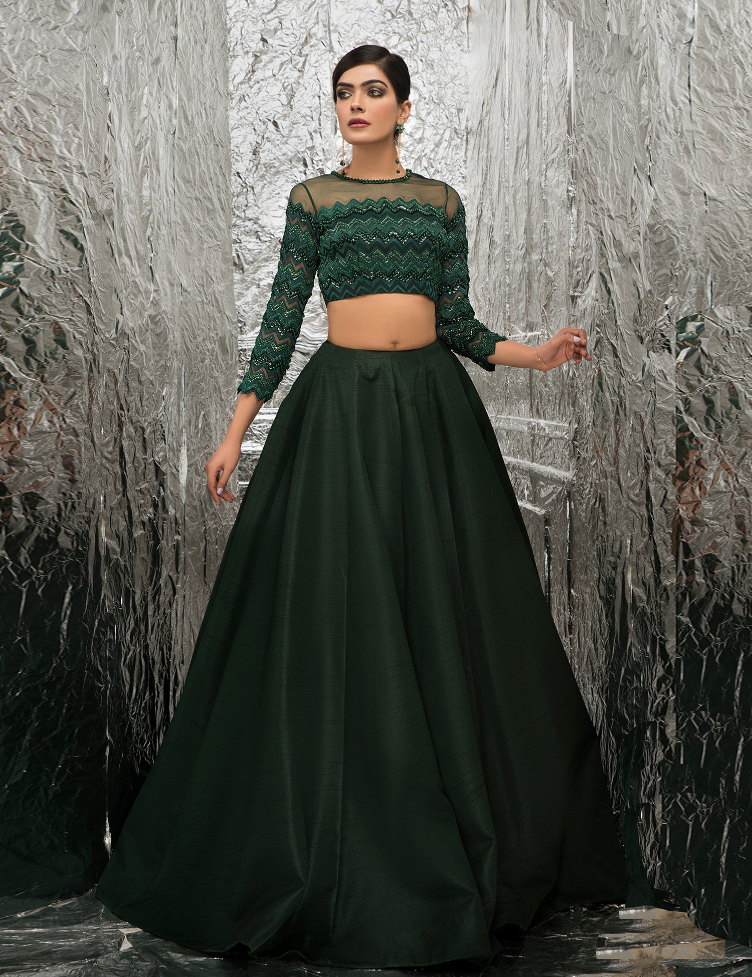Pakistani Emerald Green Embellished Raw Silk Lehenga Choli (3-Piece) - Image 1