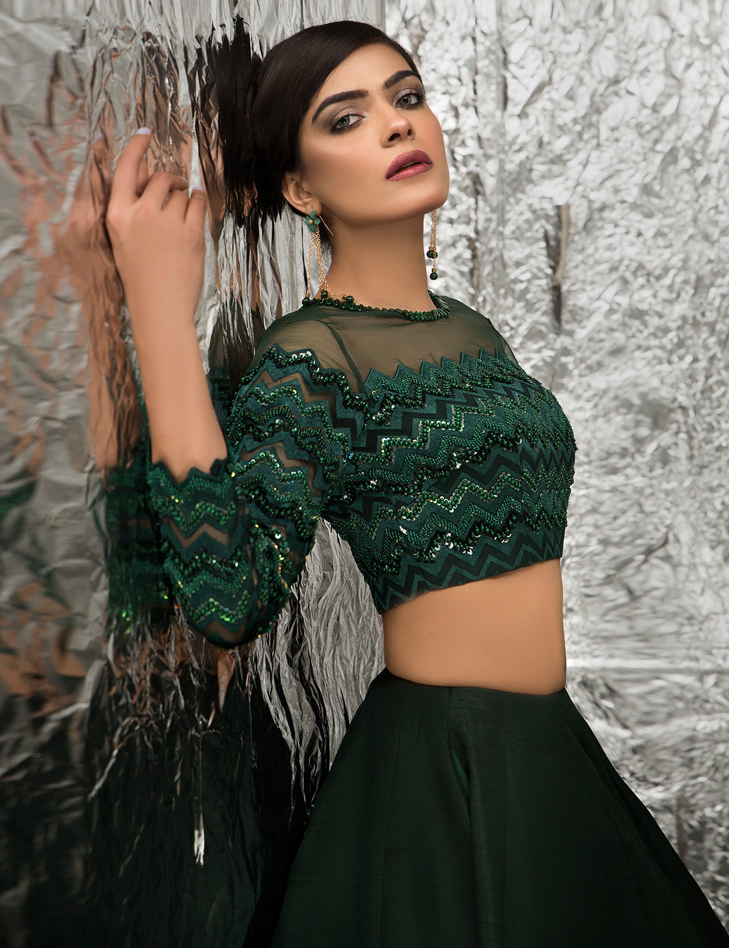 Pakistani Emerald Green Embellished Raw Silk Lehenga Choli (3-Piece) - Image 2