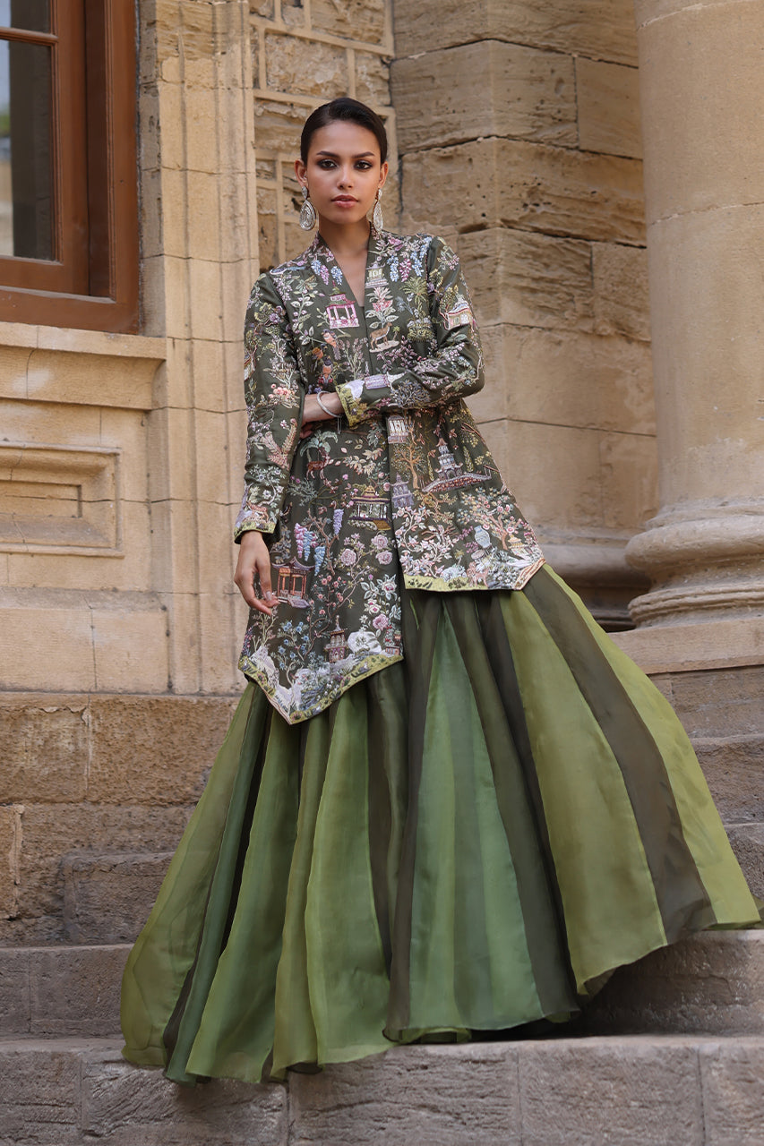 Muted Green Resham Embroidered Raw Silk Jacket with Organza Lehenga (2-Piece) - Image 1