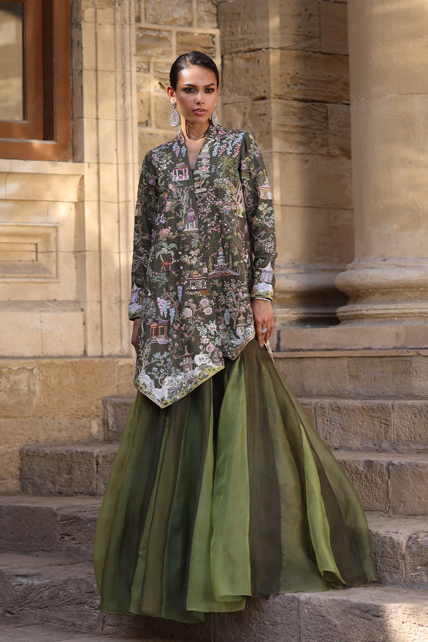 Muted Green Resham Embroidered Raw Silk Jacket with Organza Lehenga (2-Piece) - Image 4