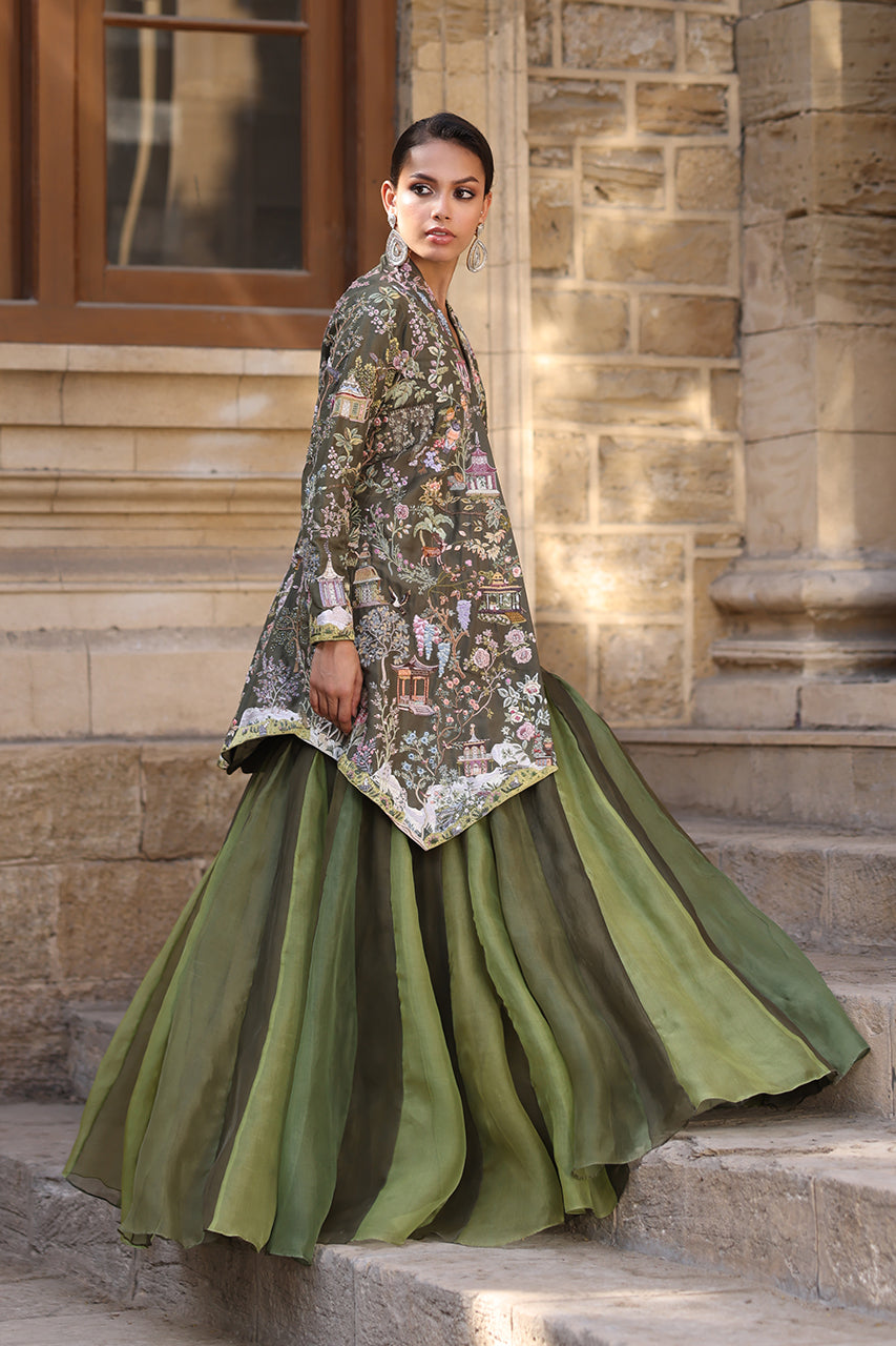 Muted Green Resham Embroidered Raw Silk Jacket with Organza Lehenga (2-Piece) - Image 5