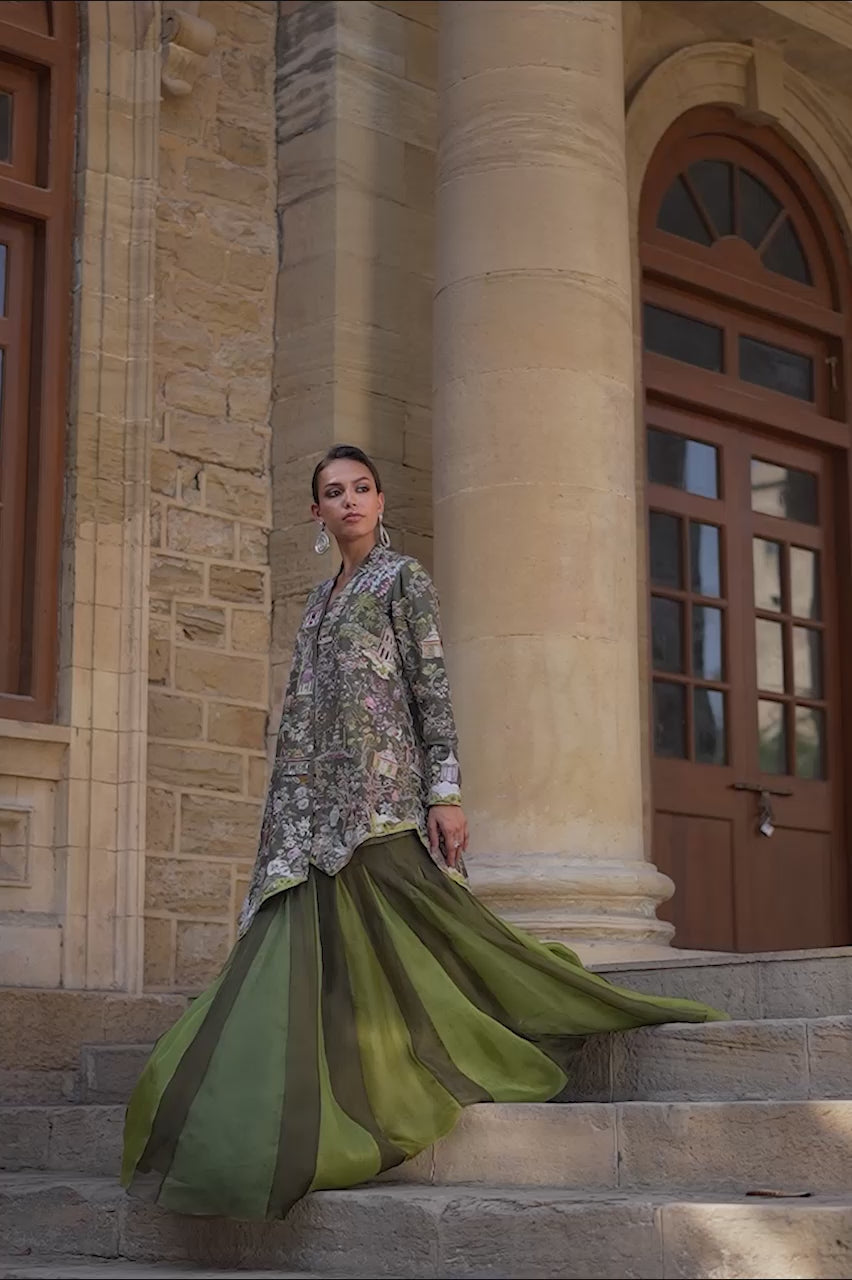 Muted Green Resham Embroidered Raw Silk Jacket with Organza Lehenga (2-Piece) - Image 8