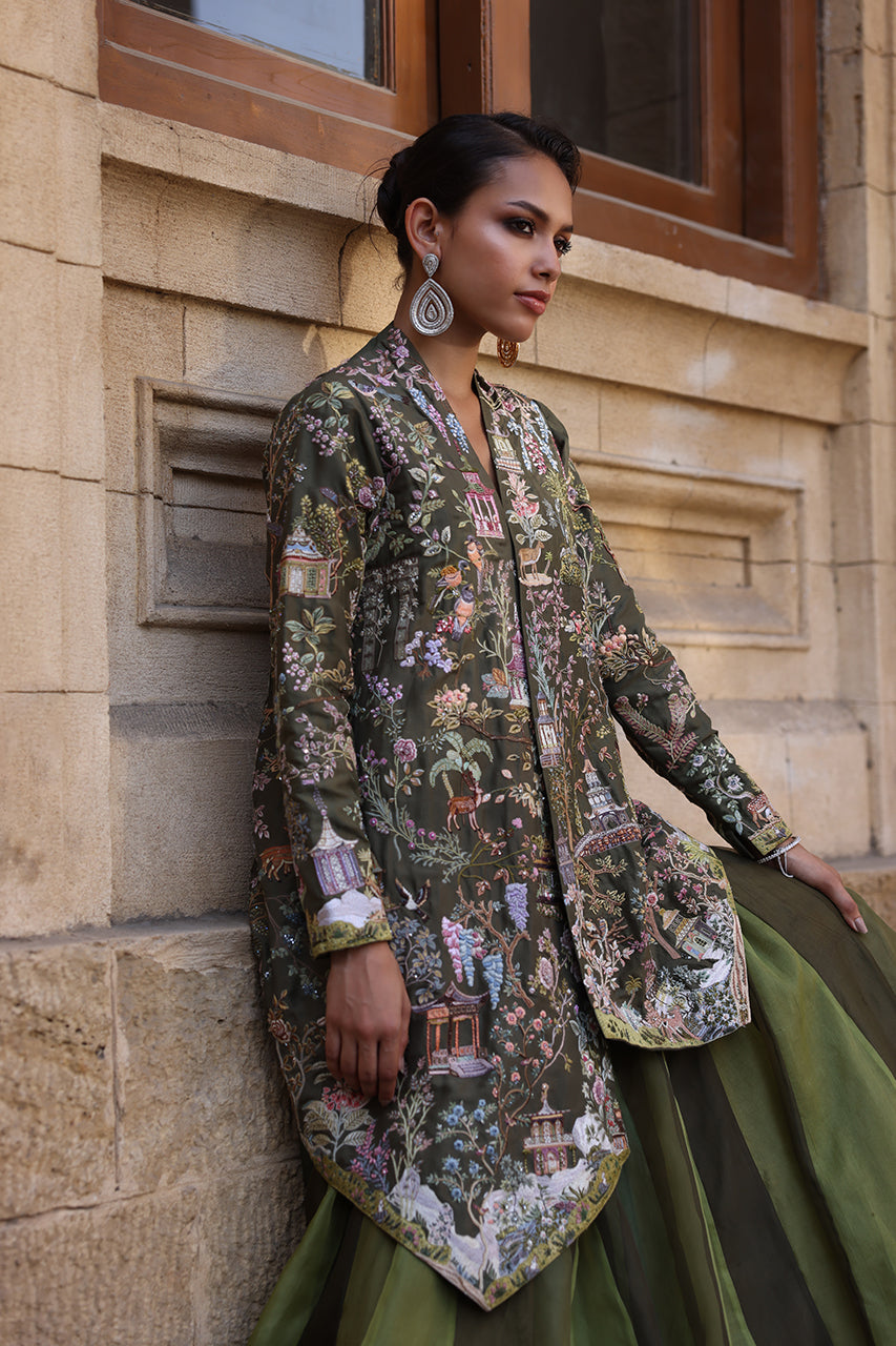 Pakistani Muted Green Resham Embroidered Raw Silk Lehenga (2-Piece) - Image 2