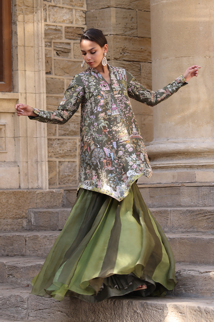 Pakistani Muted Green Resham Embroidered Raw Silk Lehenga (2-Piece) - Image 3