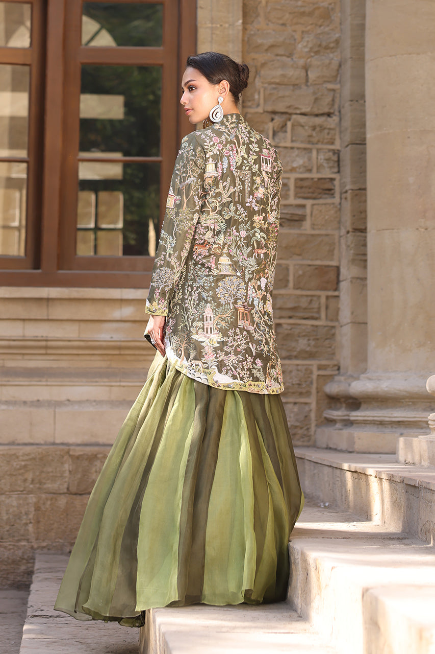 Pakistani Muted Green Resham Embroidered Raw Silk Lehenga (2-Piece) - Image 6