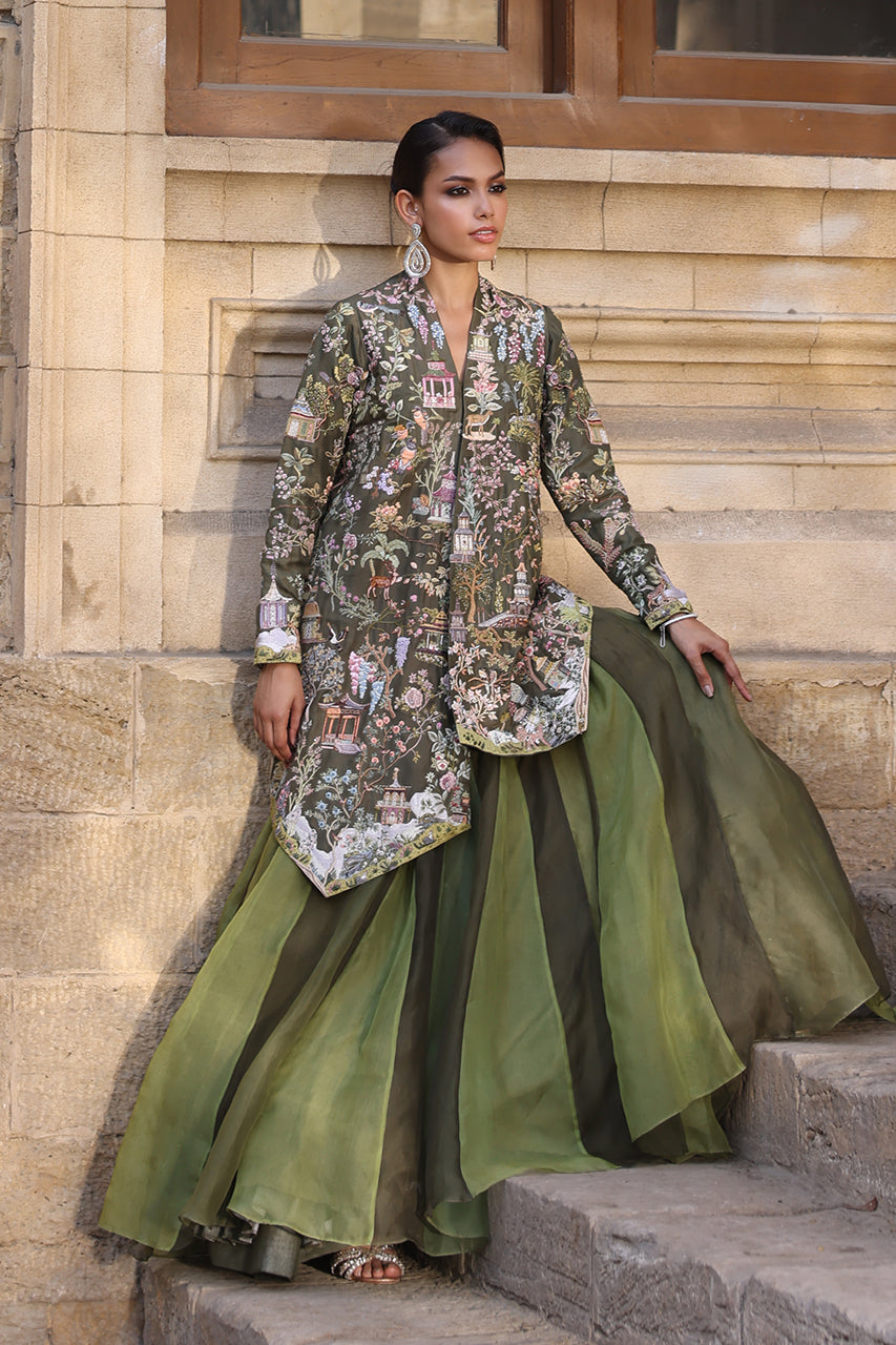 Pakistani Muted Green Resham Embroidered Raw Silk Lehenga (2-Piece) - Image 7