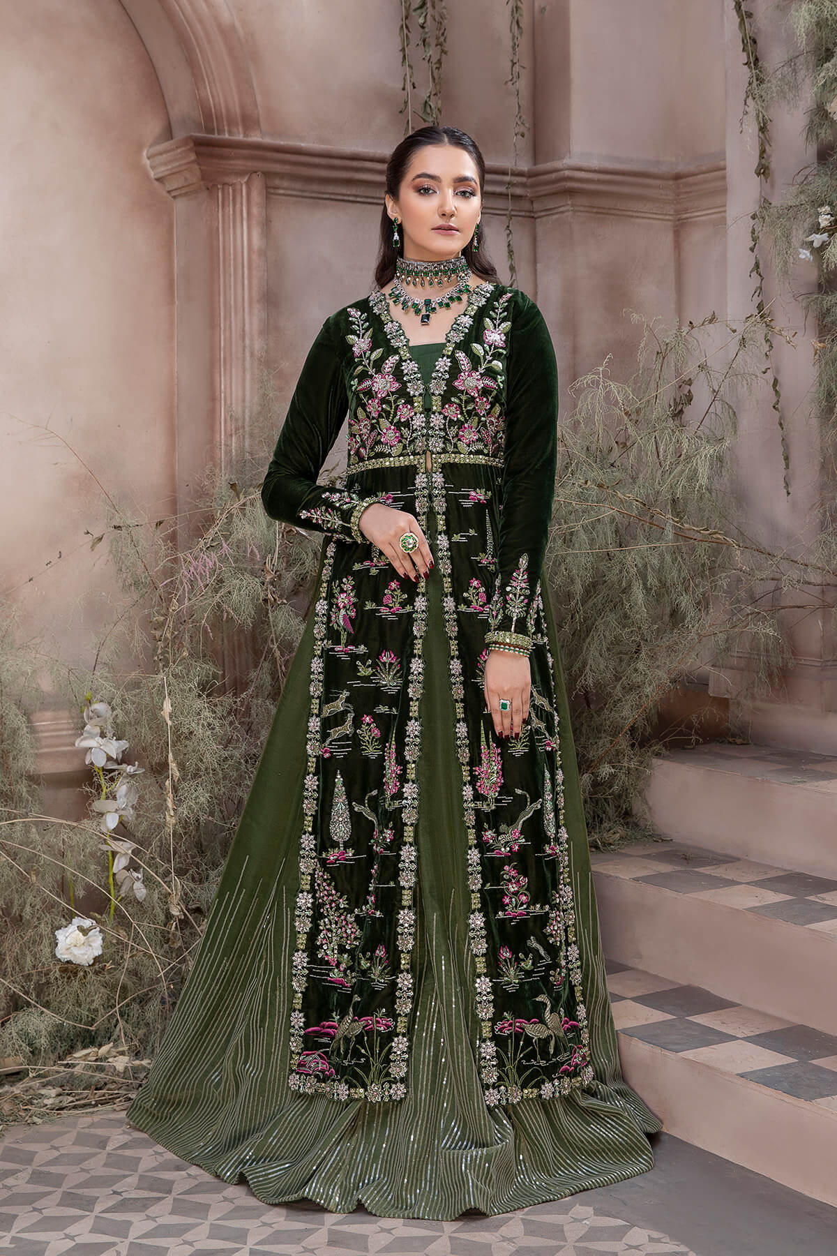 Pakistani Deep Green Embroidered Velvet Net & Raw Silk Lehenga (3-Piece) - Image 1