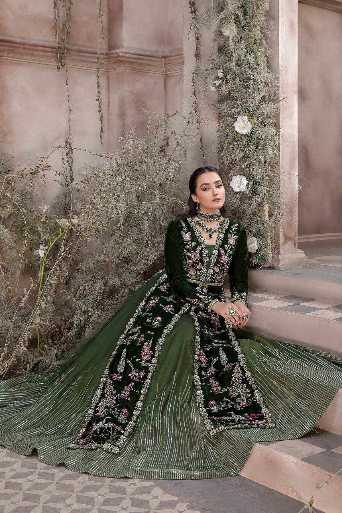 Pakistani Deep Green Embroidered Velvet Net & Raw Silk Lehenga (3-Piece) - Image 2