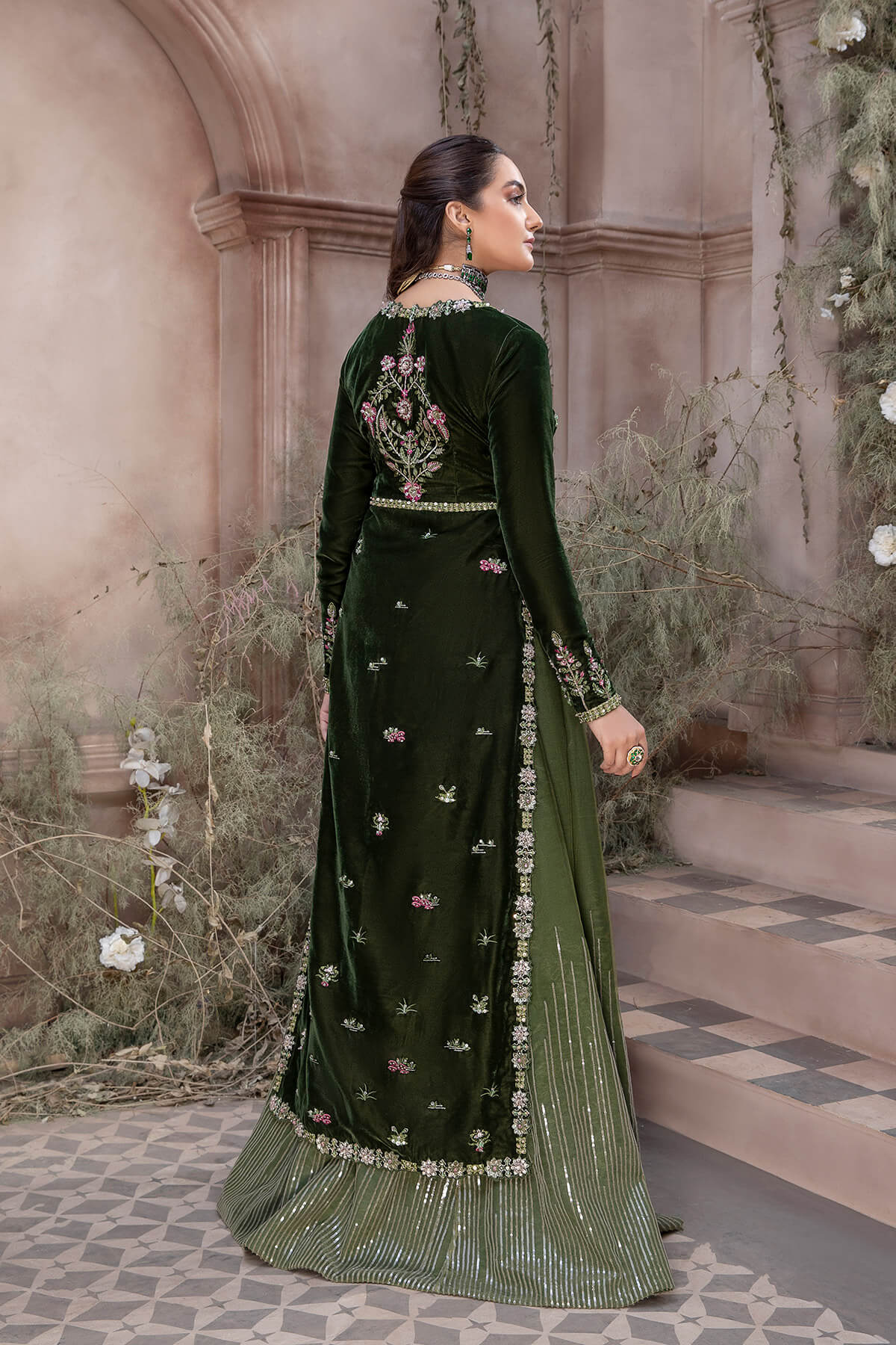 Pakistani Deep Green Embroidered Velvet Net & Raw Silk Lehenga (3-Piece) - Image 3