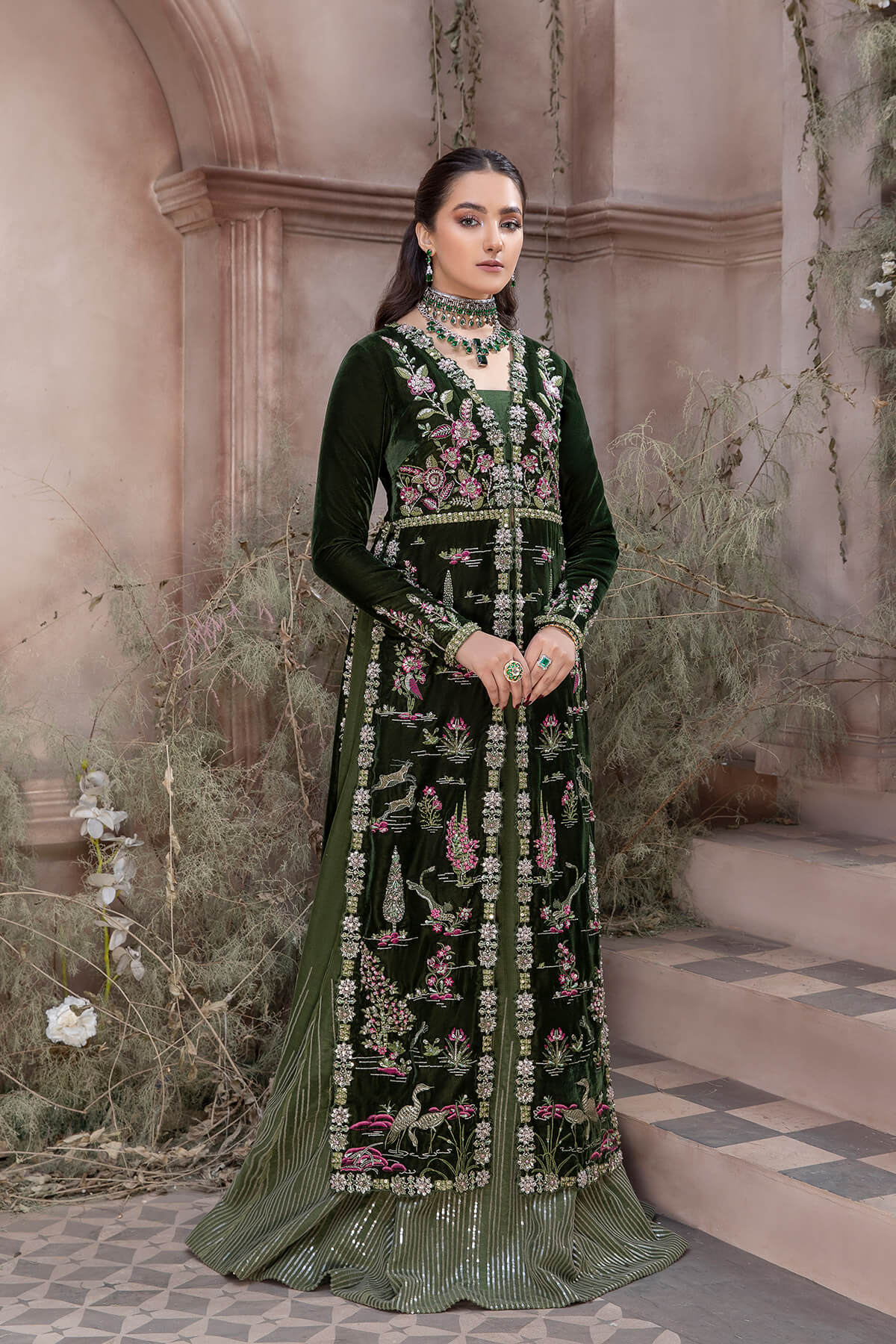 Pakistani Deep Green Embroidered Velvet Net & Raw Silk Lehenga (3-Piece) - Image 5