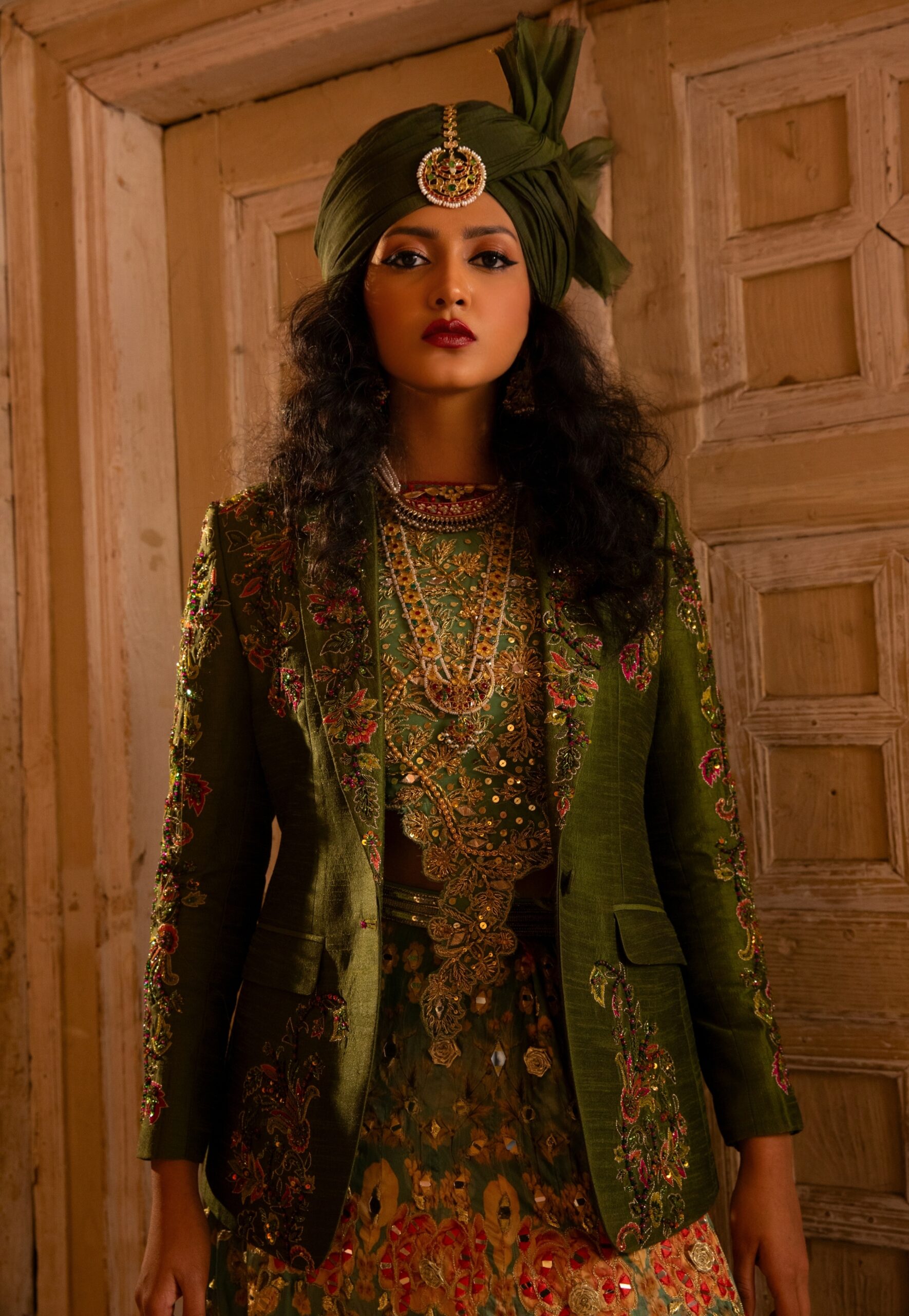 Emerald Hand-Embroidered Raw Silk Bridal Prince Coat (3-Piece) - Image 1
