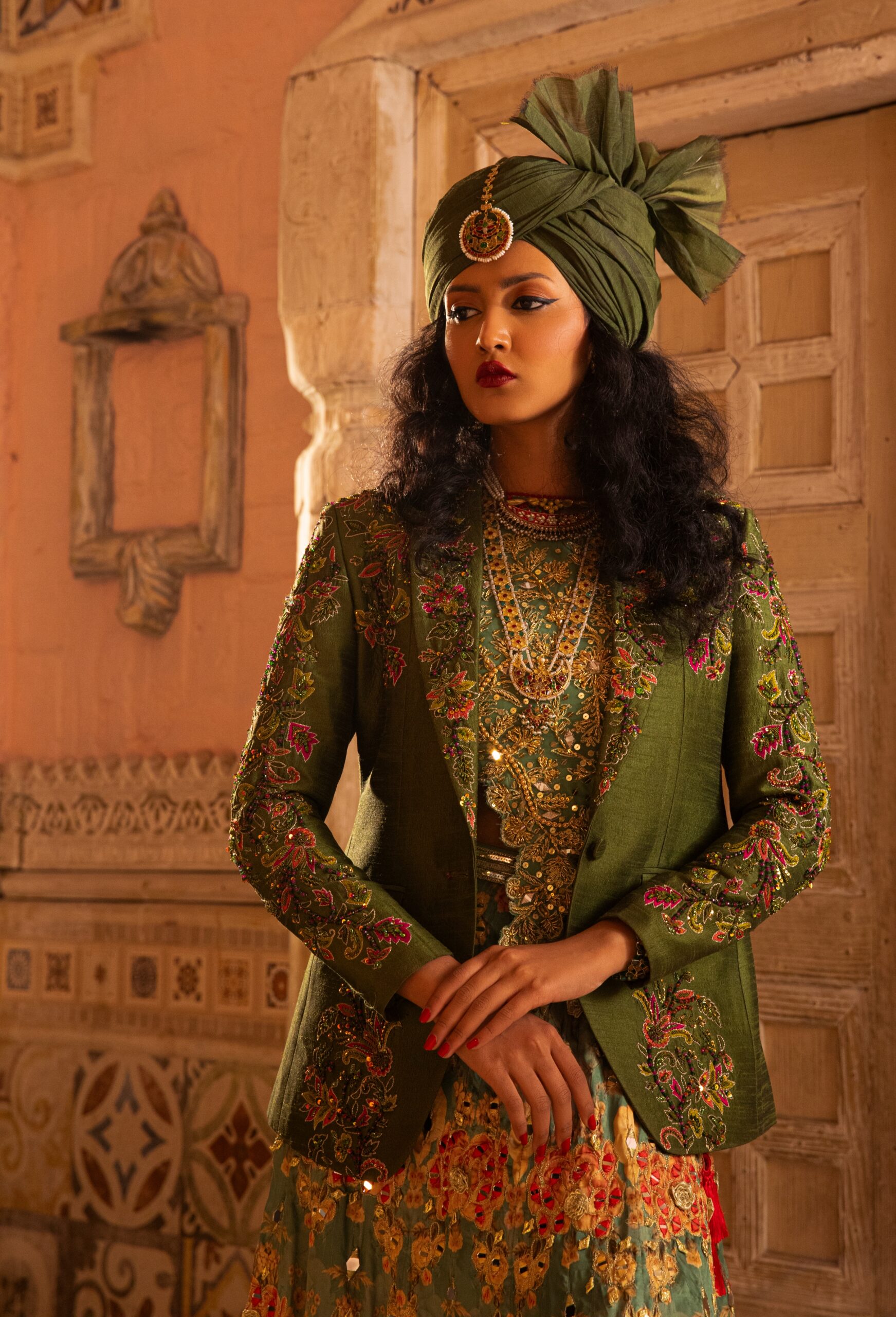 Emerald Hand-Embroidered Raw Silk Bridal Prince Coat (3-Piece) - Image 2