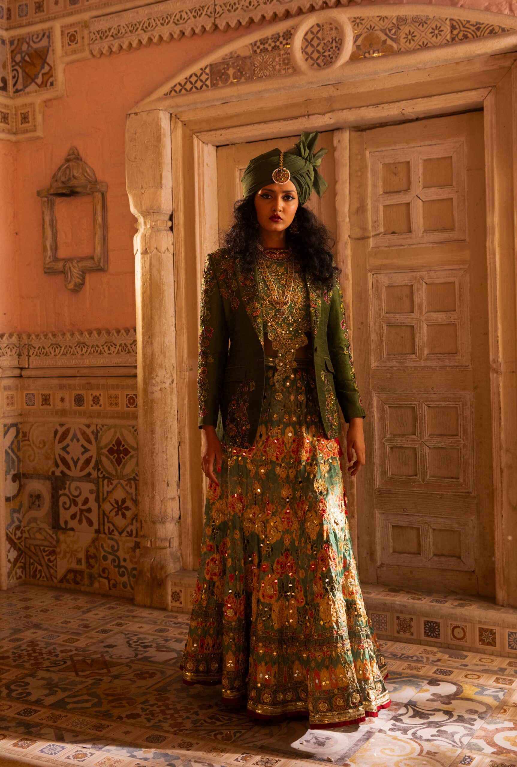 Emerald Hand-Embroidered Raw Silk Bridal Prince Coat (3-Piece) - Image 3