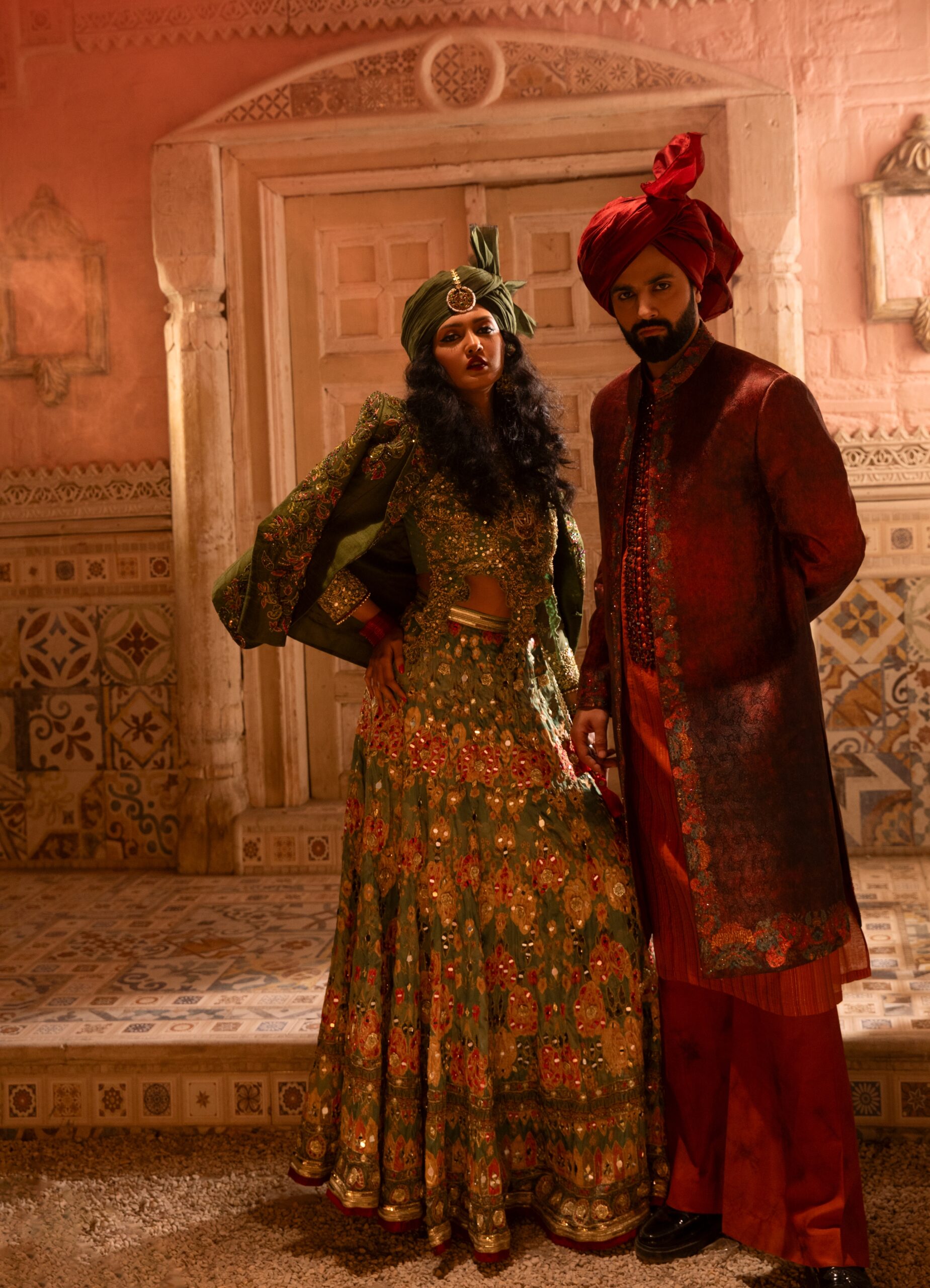 Emerald Hand-Embroidered Raw Silk Bridal Prince Coat (3-Piece) - Image 5