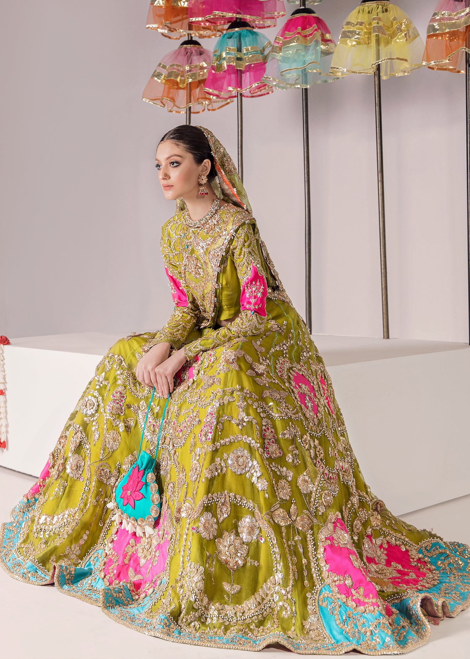 Olive Green Embroidered Raw Silk Lehenga (3-Piece) - Image 4