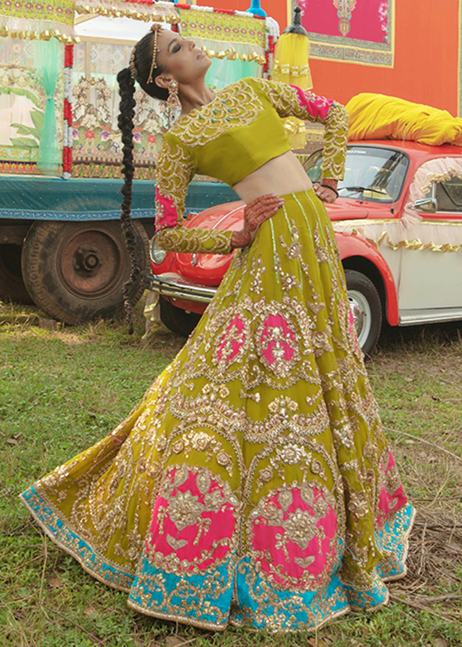 Olive Green Embroidered Raw Silk Lehenga (3-Piece) - Image 8