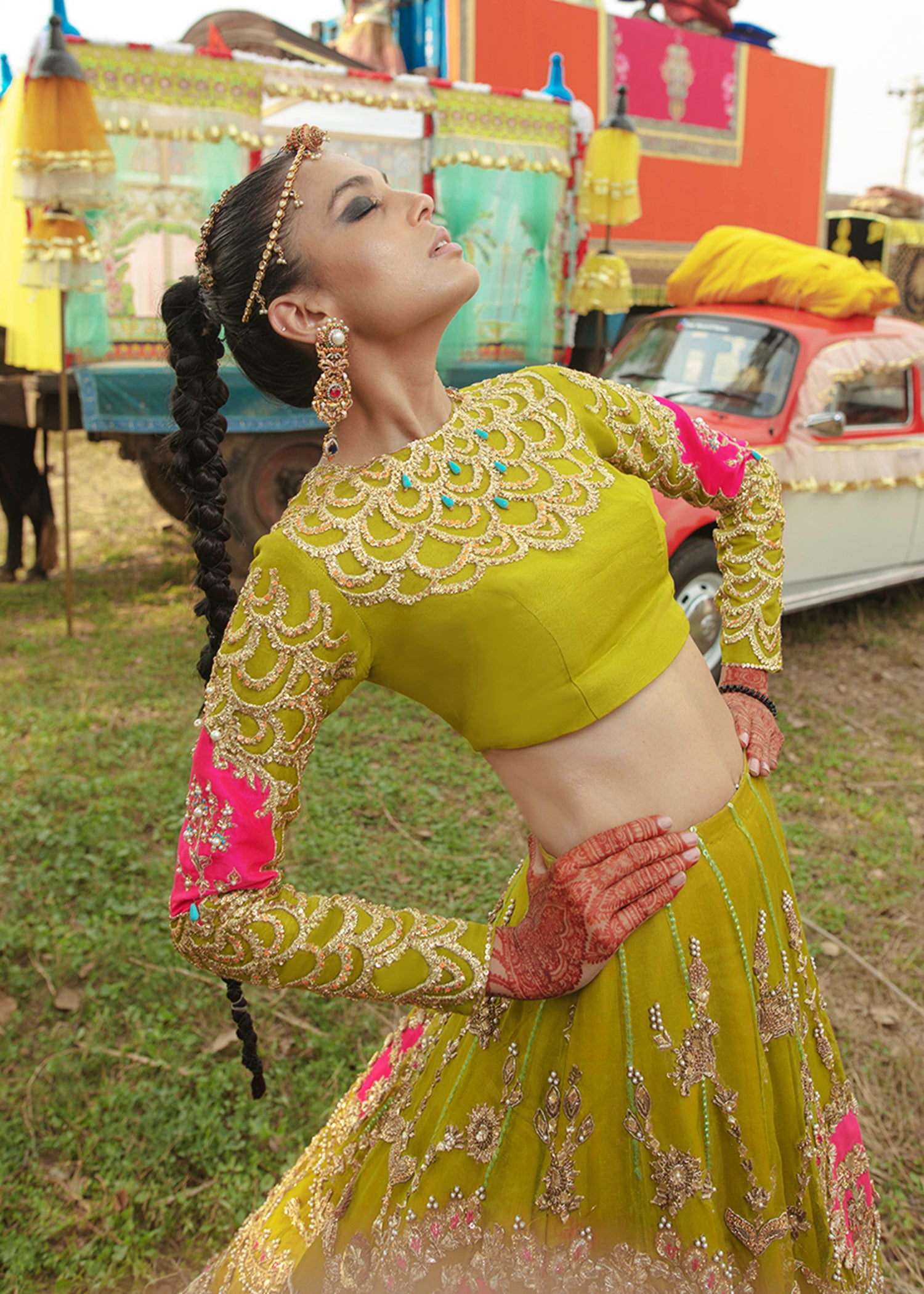 Olive Green Embroidered Raw Silk Lehenga (3-Piece) - Image 9