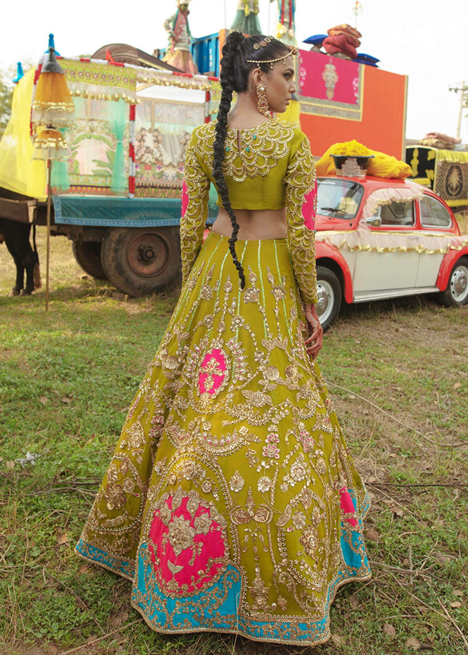 Pakistani Olive Green Embroidered Raw Silk Lehenga (3-Piece) - Image 11