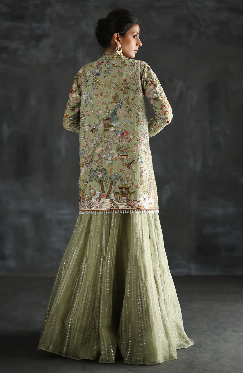 Pakistani Mint Green Embroidered Raw Silk Jacket & Organza Lehenga (3-Piece) - Image 2