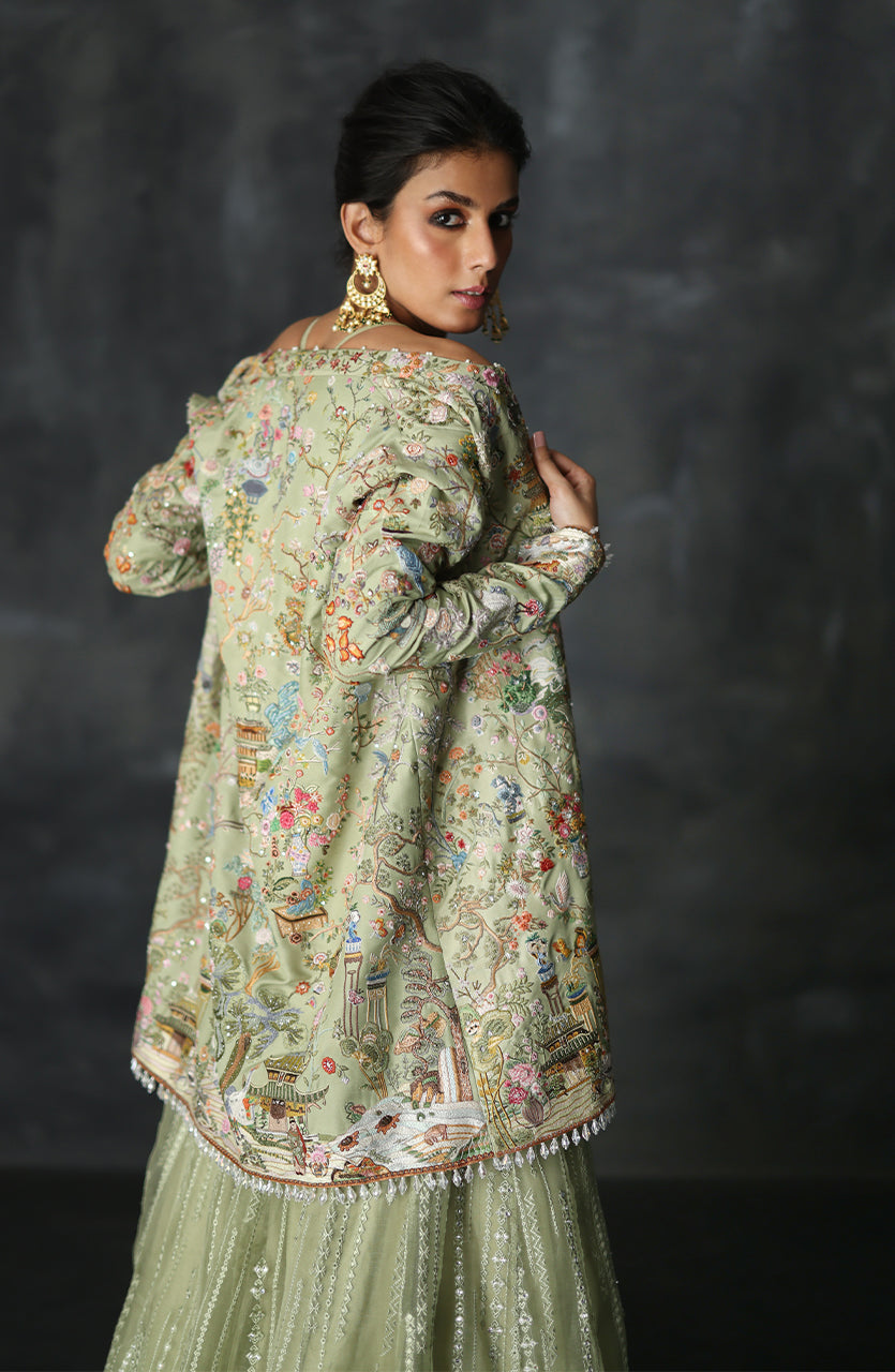 Pakistani Mint Green Embroidered Raw Silk Jacket & Organza Lehenga (3-Piece) - Image 4