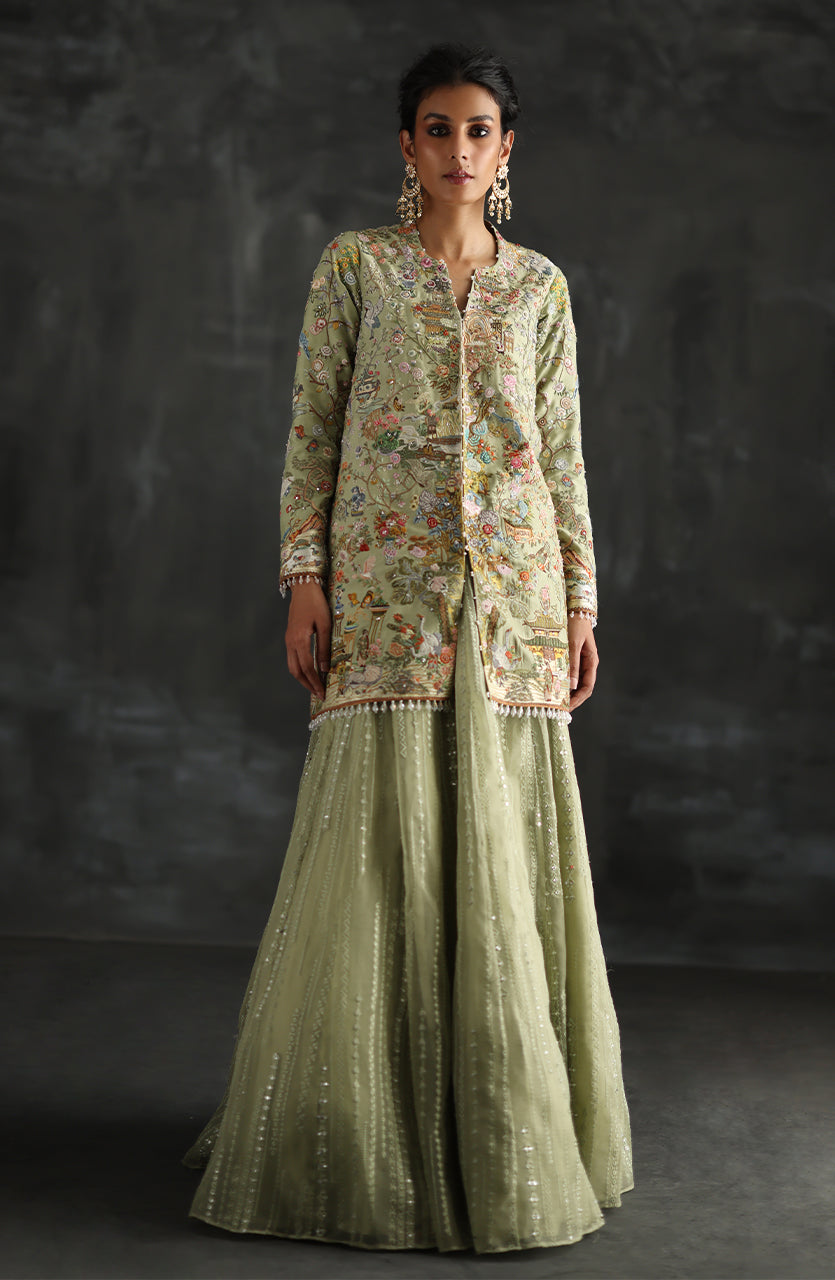 Pakistani Mint Green Embroidered Raw Silk Jacket & Organza Lehenga (3-Piece) - Image 5