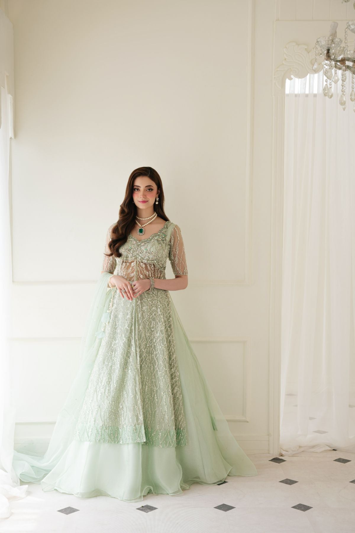 Mint Green Embroidered Net & Raw Silk Lehenga (3-Piece) - Image 1