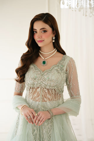 Mint Green Embroidered Net & Raw Silk Lehenga (3-Piece) - Image 3