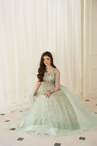 Mint Green Embroidered Net & Raw Silk Lehenga (3-Piece) - Image 4