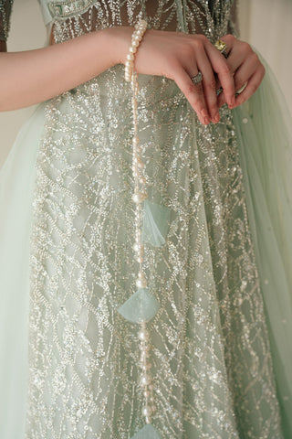 Mint Green Embroidered Net & Raw Silk Lehenga (3-Piece) - Image 5