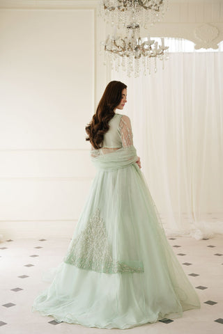 Mint Green Embroidered Net & Raw Silk Lehenga (3-Piece) - Image 7