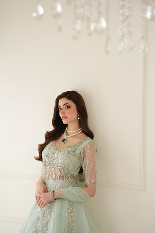 Mint Green Embroidered Net & Raw Silk Lehenga (3-Piece) - Image 8