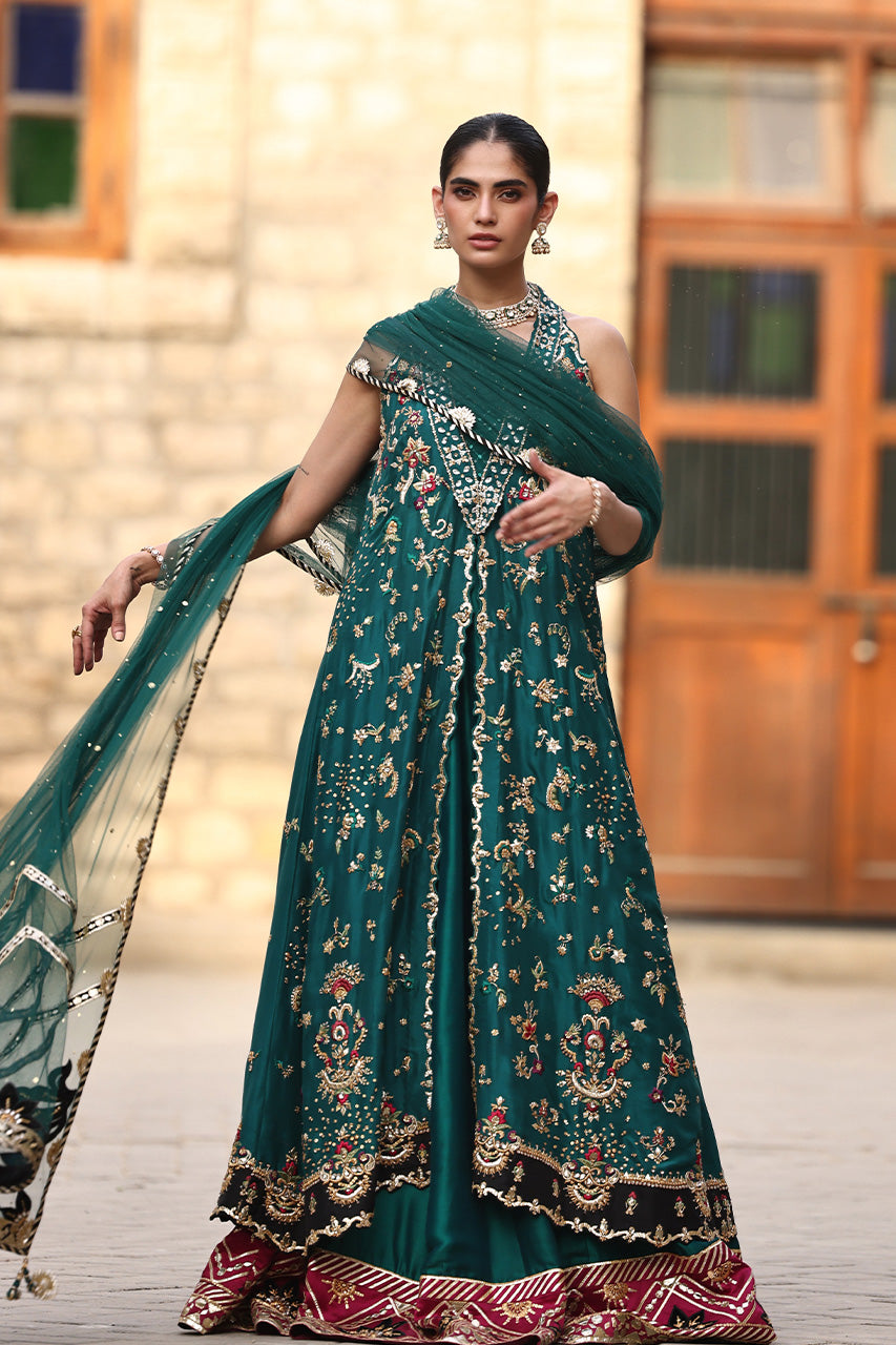 Pakistani Emerald Green Embroidered Raw Silk Lehenga (3-Piece) - Image 1