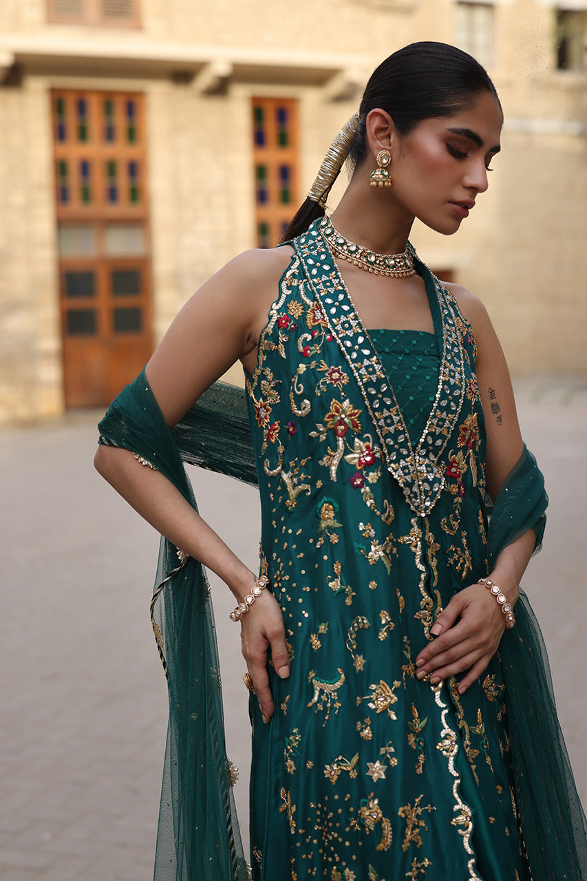 Pakistani Emerald Green Embroidered Raw Silk Lehenga (3-Piece) - Image 2