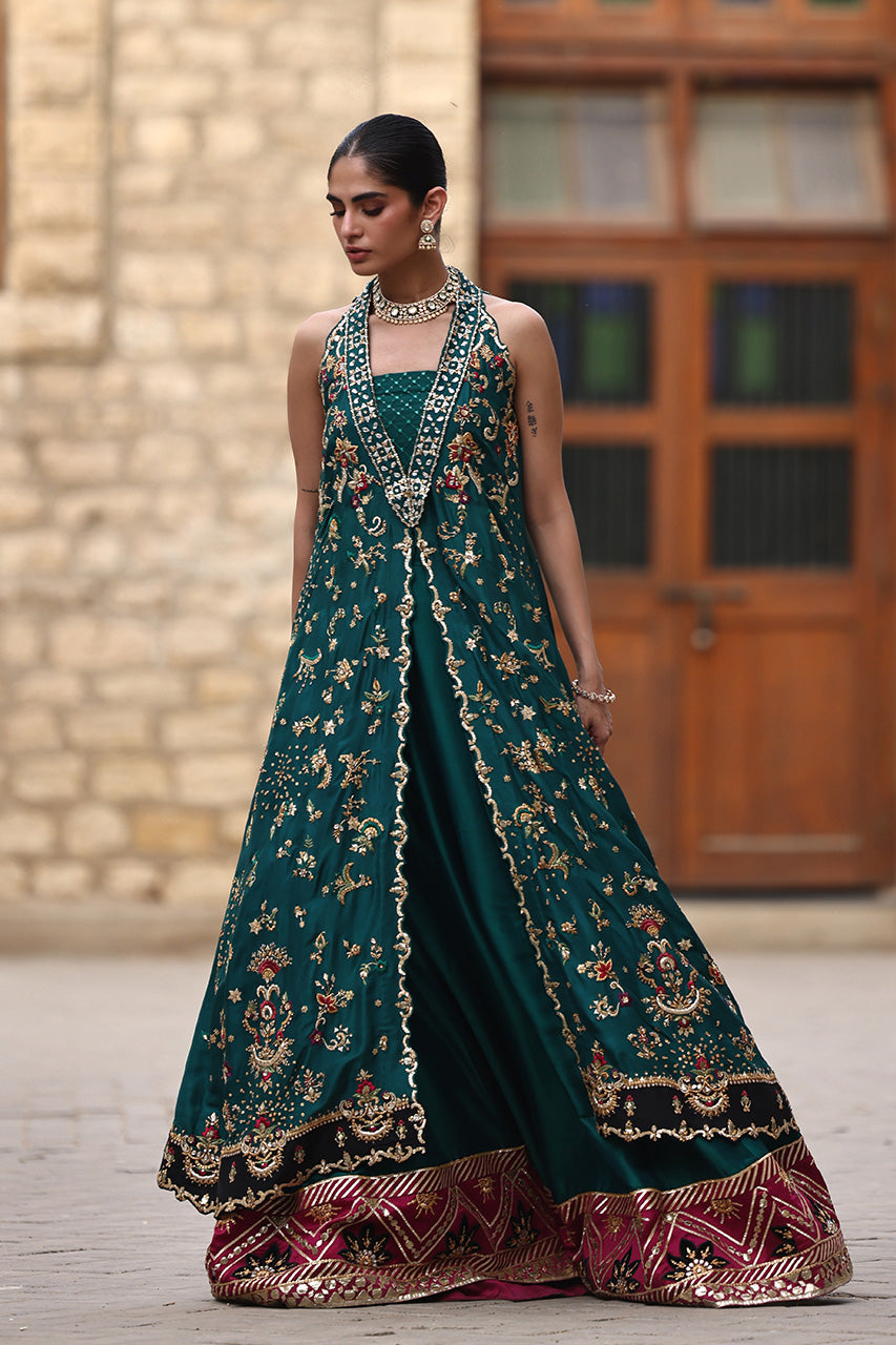 Pakistani Emerald Green Embroidered Raw Silk Lehenga (3-Piece) - Image 3