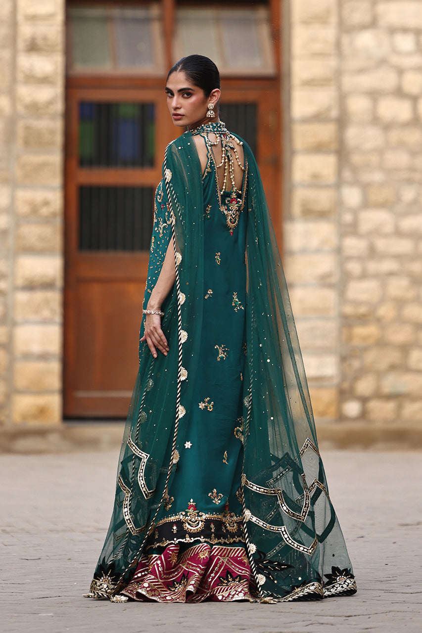 Pakistani Emerald Green Embroidered Raw Silk Lehenga (3-Piece) - Image 4