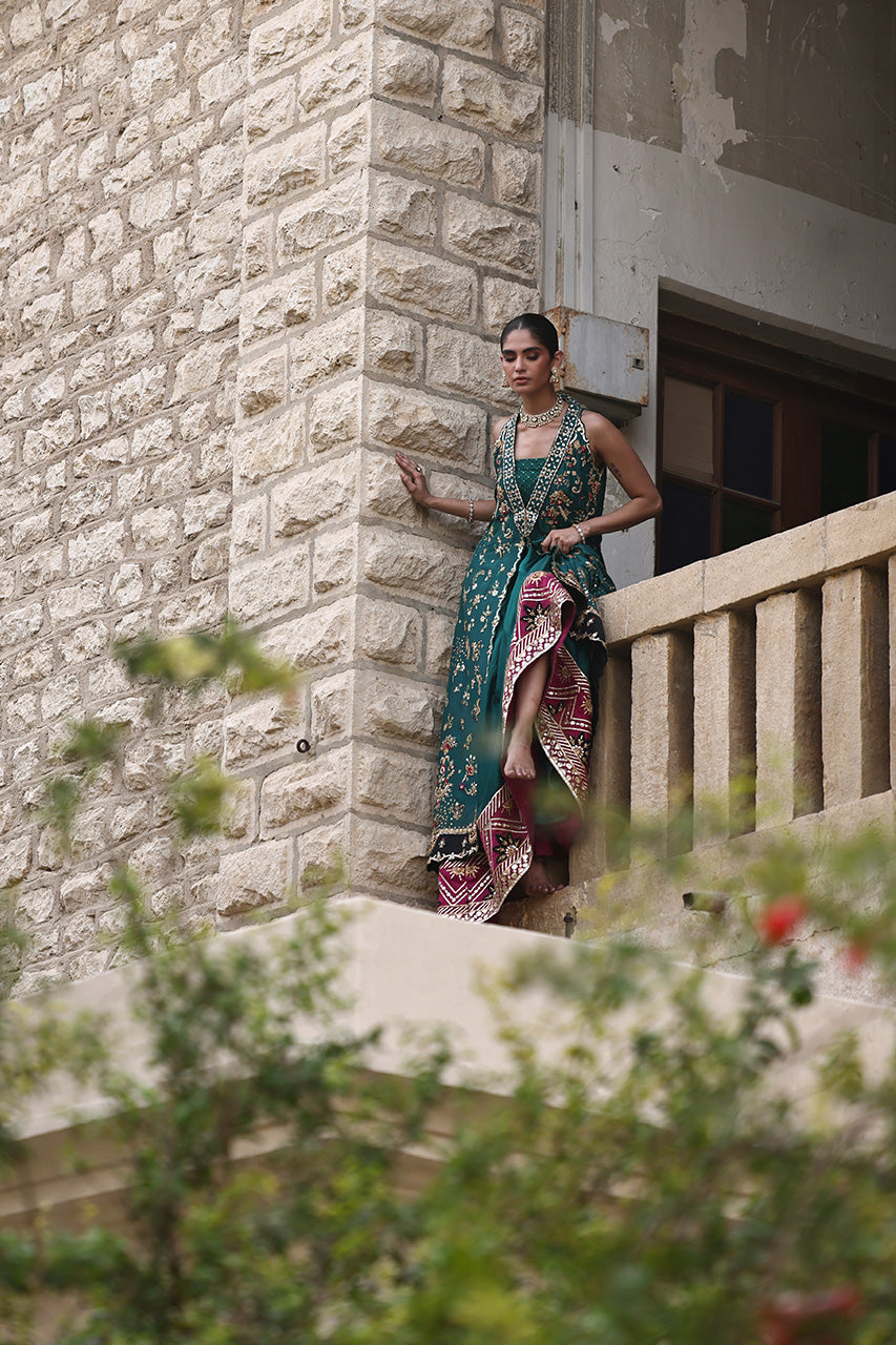 Pakistani Emerald Green Embroidered Raw Silk Lehenga (3-Piece) - Image 5