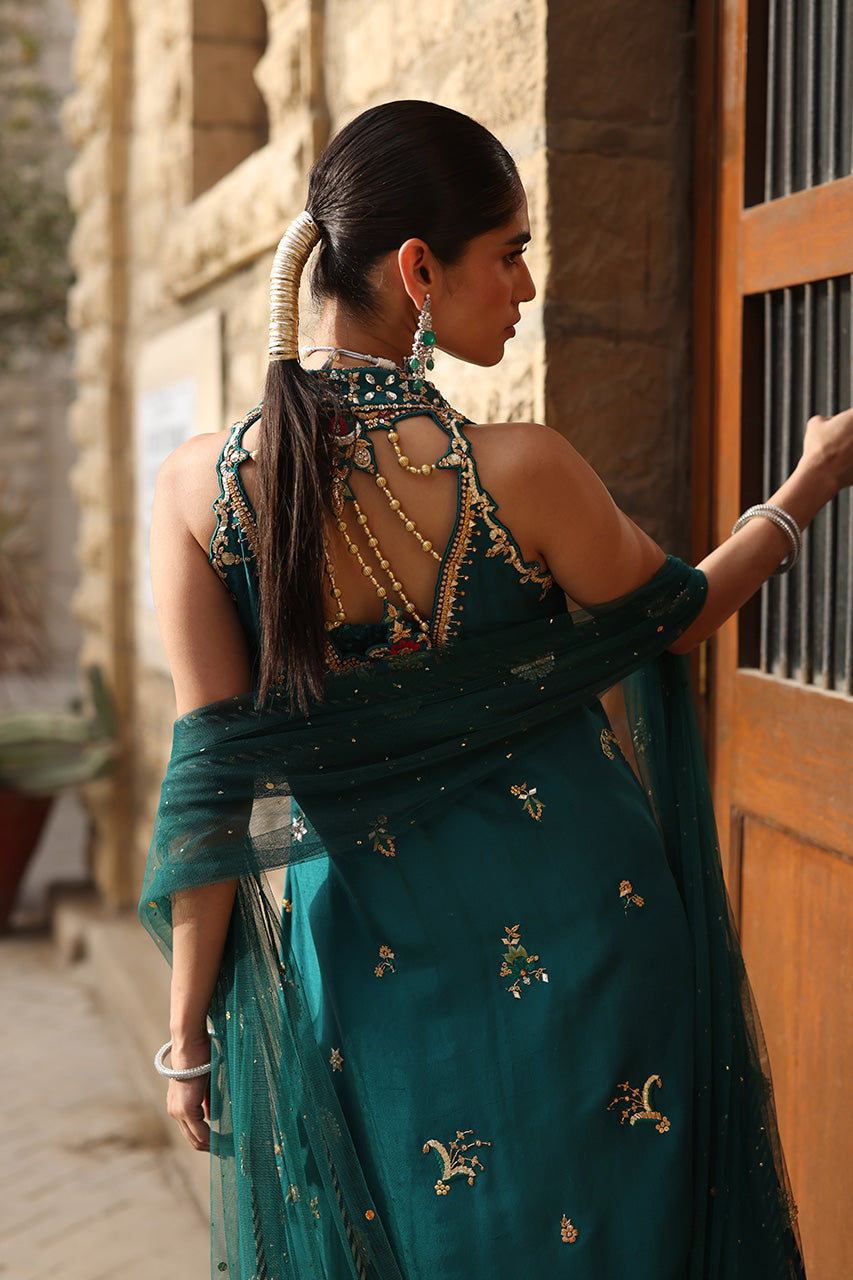 Pakistani Emerald Green Embroidered Raw Silk Lehenga (3-Piece) - Image 6