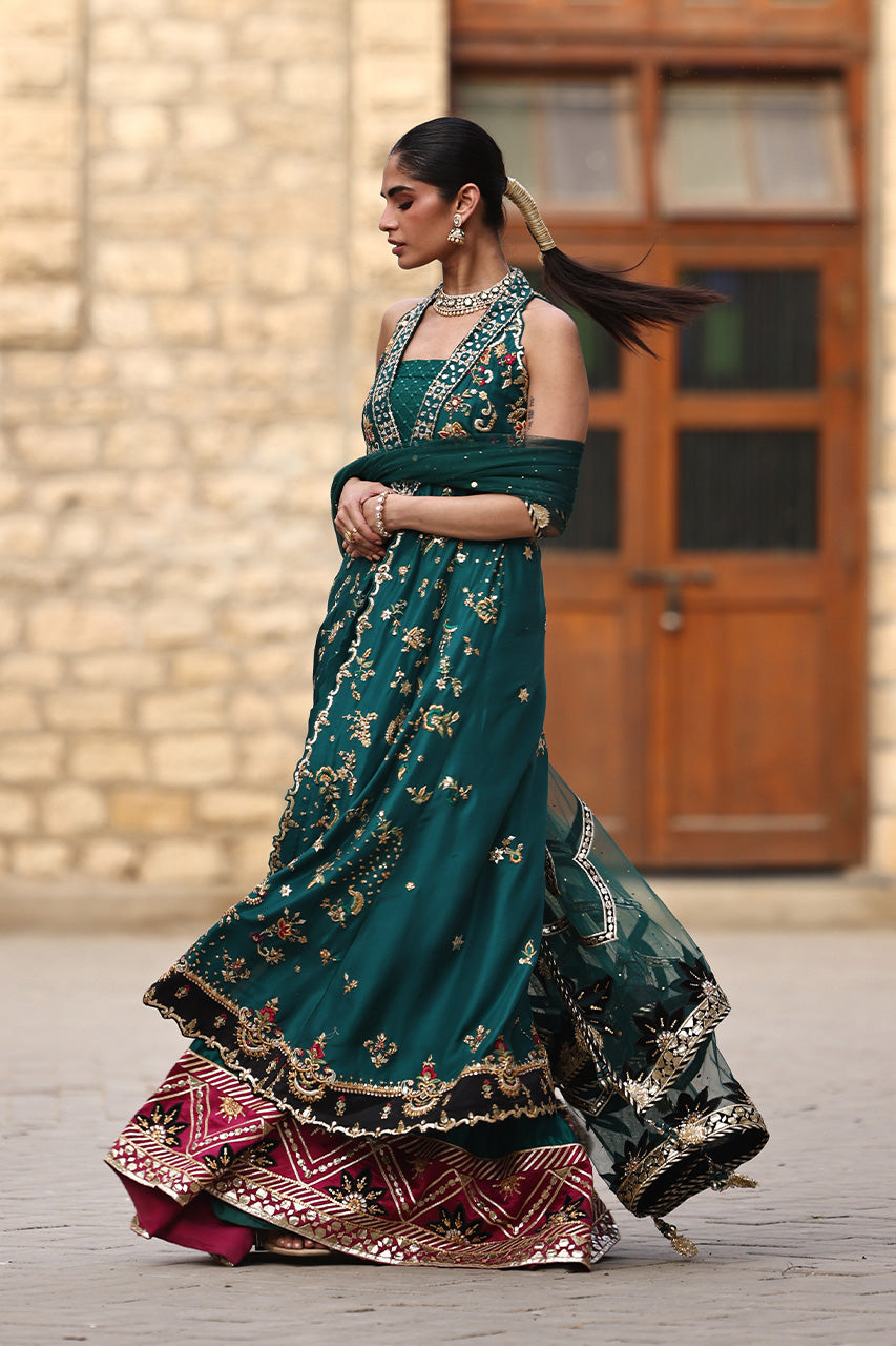 Pakistani Emerald Green Embroidered Raw Silk Lehenga (3-Piece) - Image 7