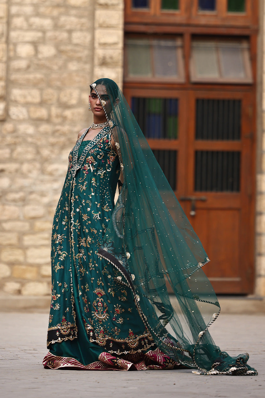Pakistani Emerald Green Embroidered Raw Silk Lehenga (3-Piece) - Image 8