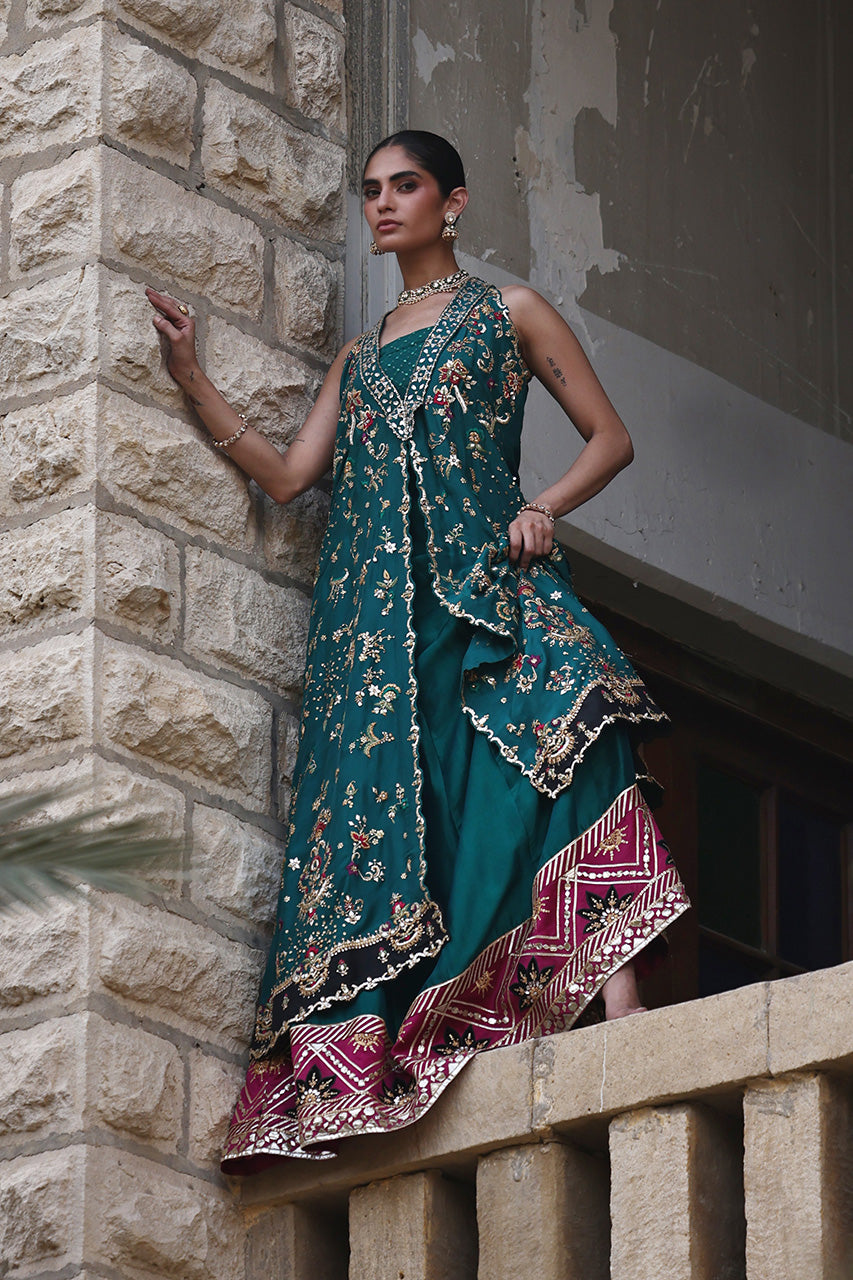 Pakistani Emerald Green Embroidered Raw Silk Lehenga (3-Piece) - Image 9