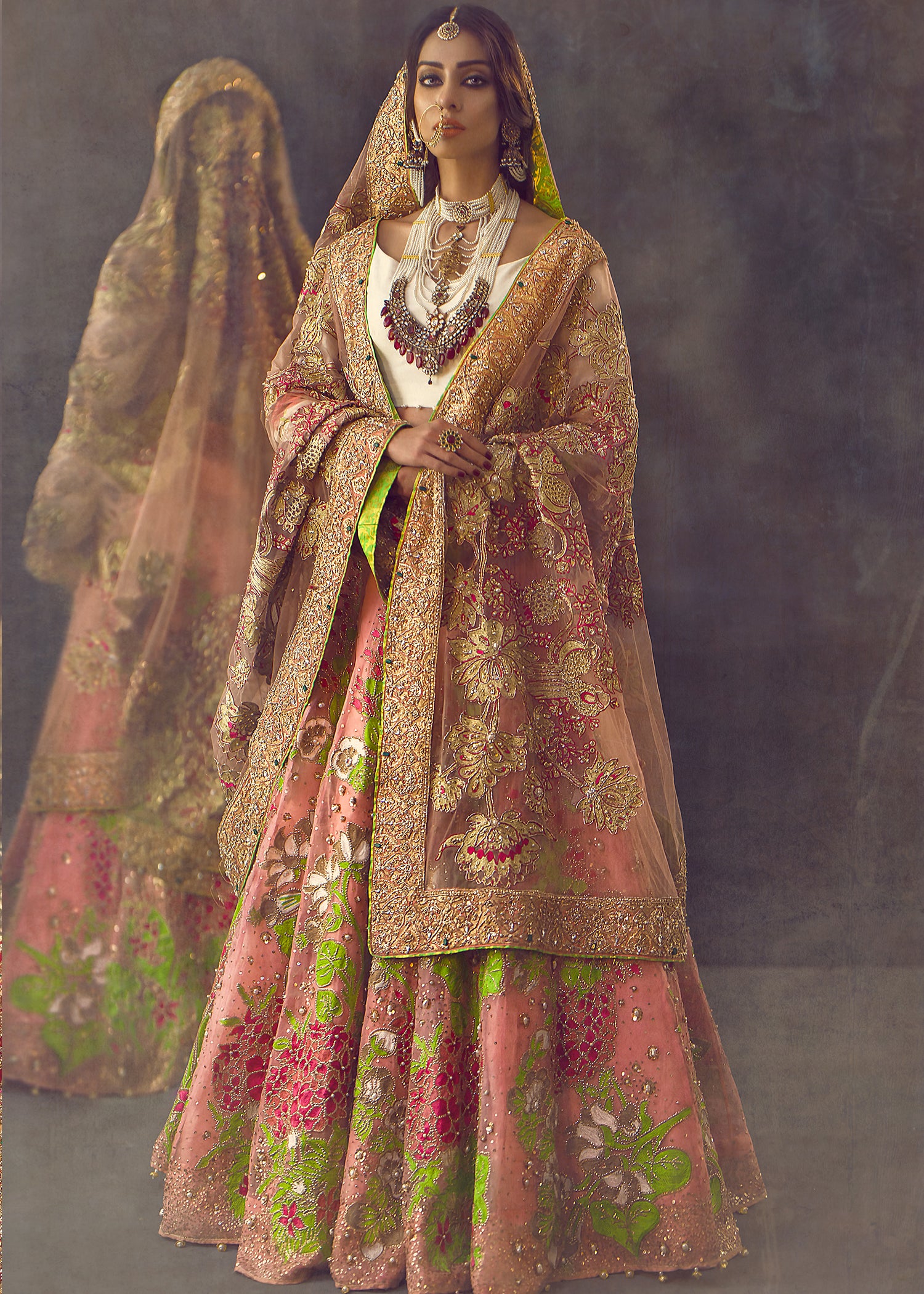 Pakistani Green and Pink Embellished Raw Silk Lehenga Choli (3-Piece) - Image 1