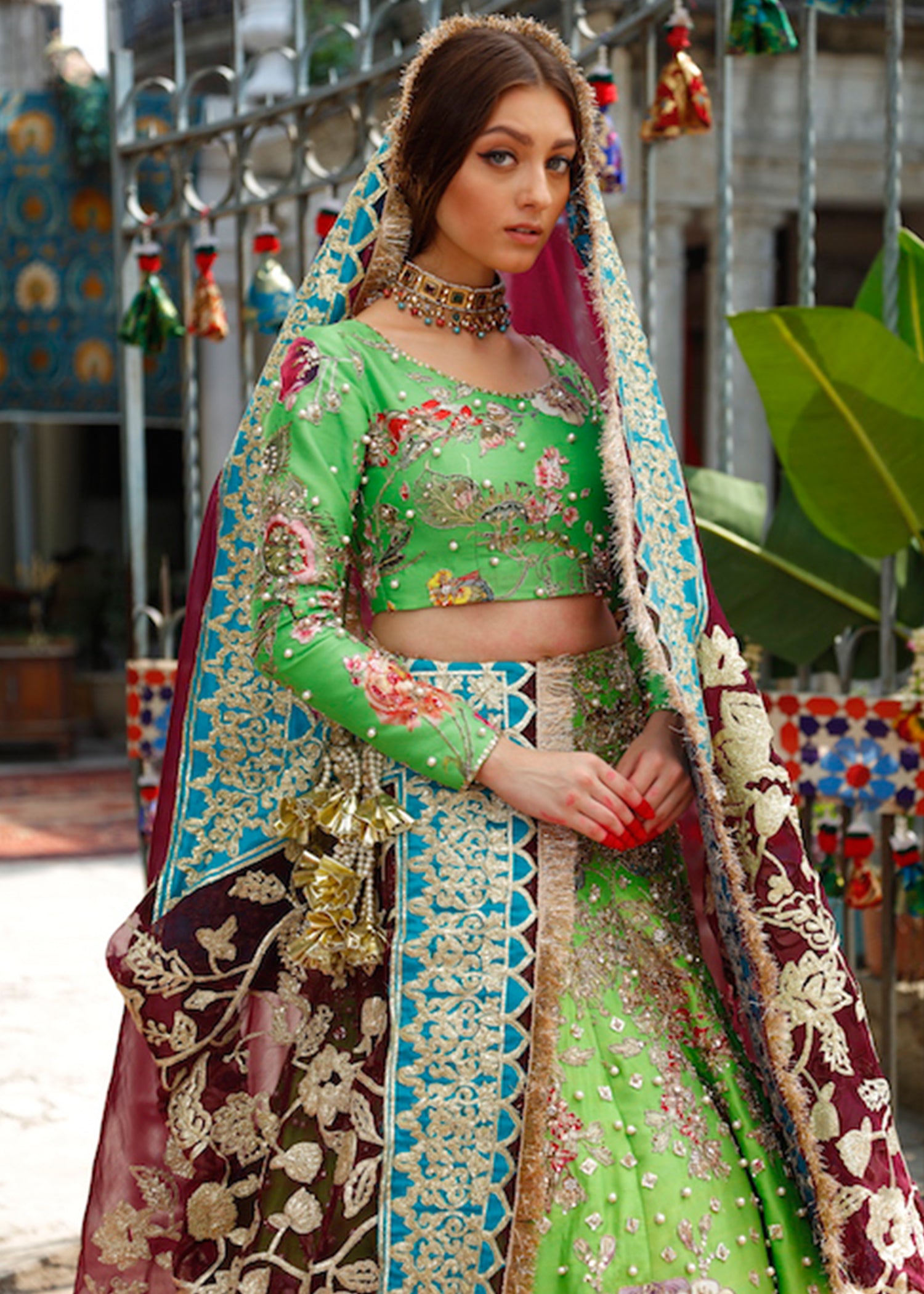 Green Zardozi Raw Silk Lehenga Choli (3-Piece) - Image 2