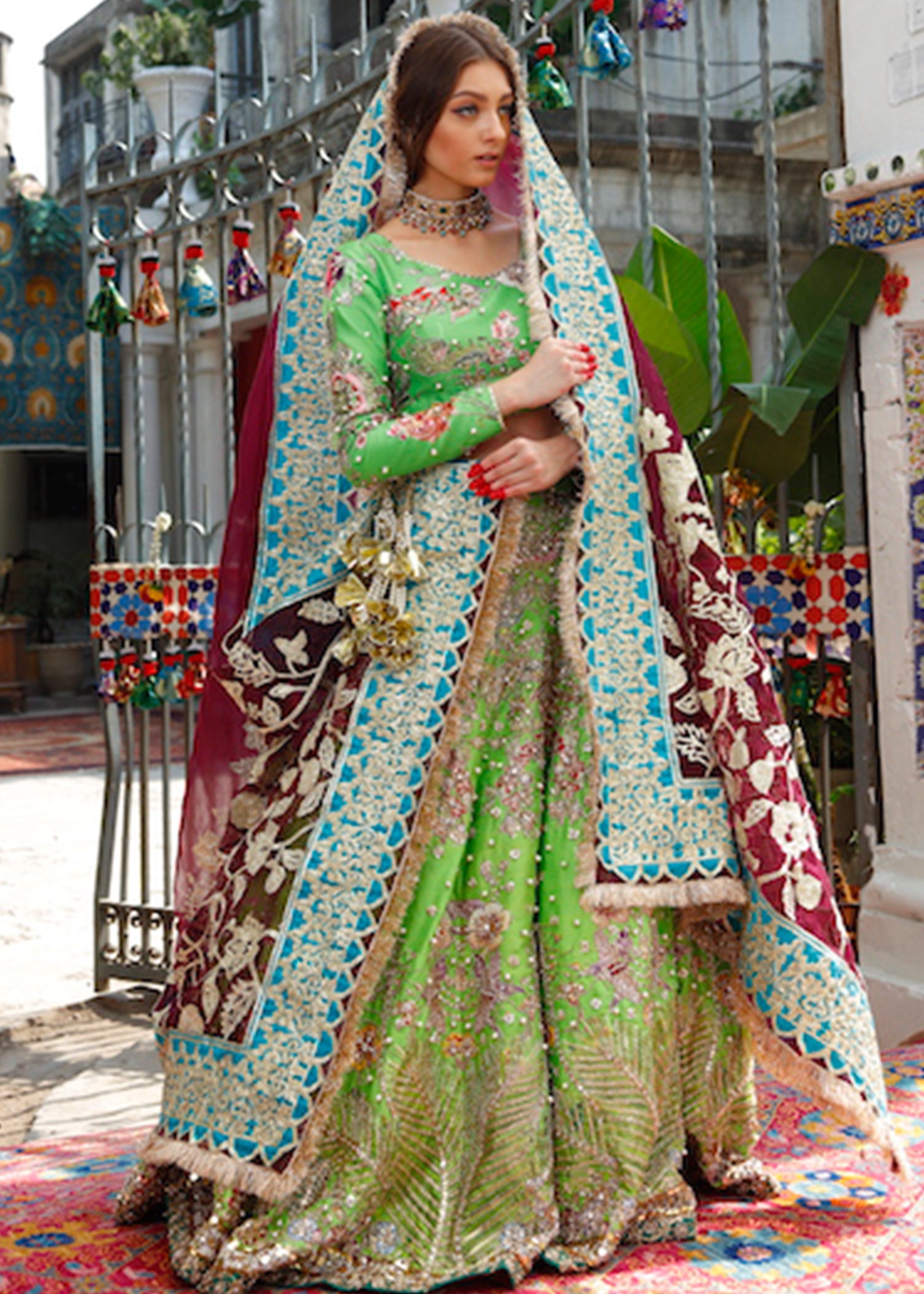 Green Zardozi Raw Silk Lehenga Choli (3-Piece) - Image 3