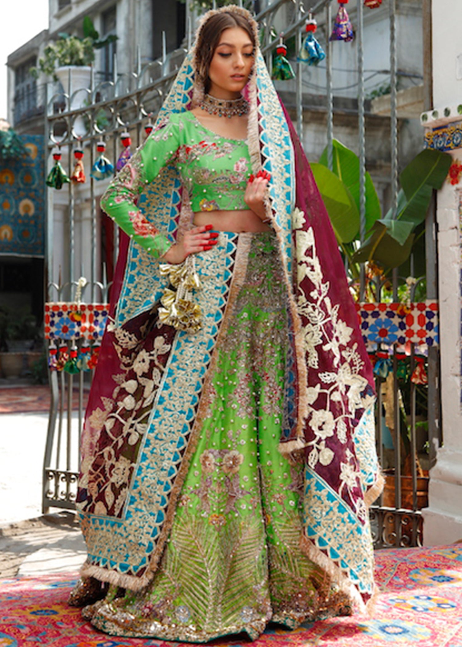 Green Zardozi Raw Silk Lehenga Choli (3-Piece) - Image 4
