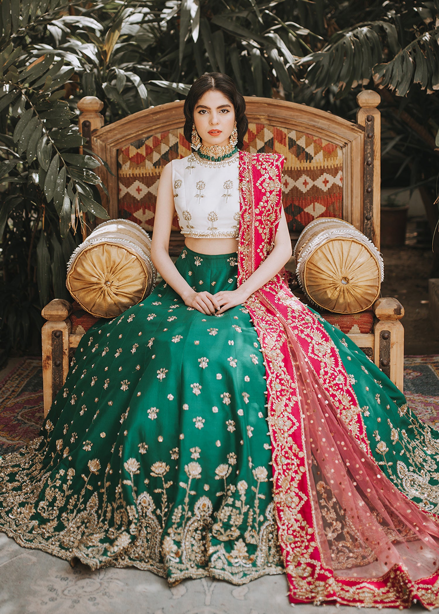 Emerald Green Zardozi Raw Silk Lehenga (3-Piece) - Image 1