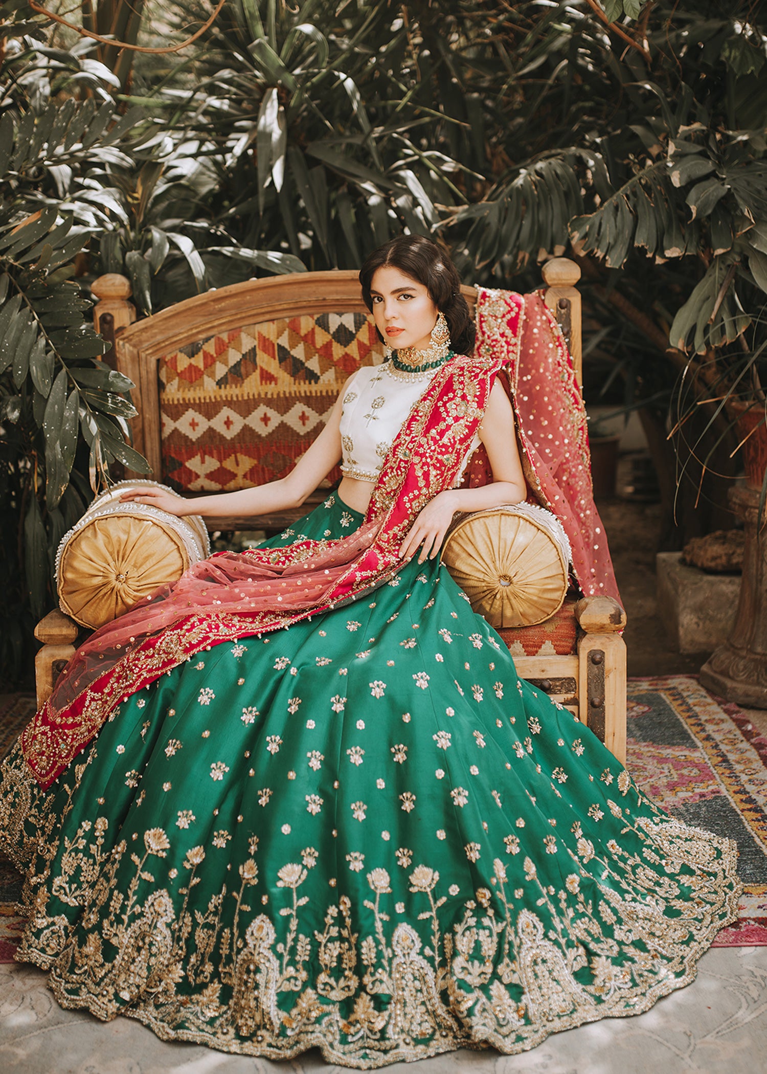 Emerald Green Zardozi Raw Silk Lehenga (3-Piece) - Image 3